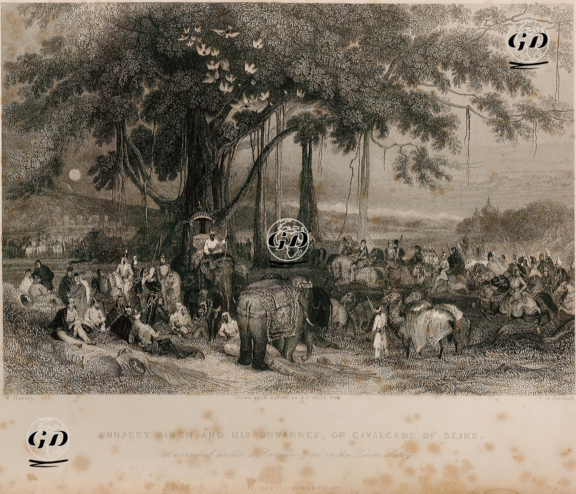 Runjeet Singh And His Suwarree, Or Cavalcade Of Seiks, Encamped Under A Banyan Tree On The River Sutlej - William Harvey (1796-1866) - 1844