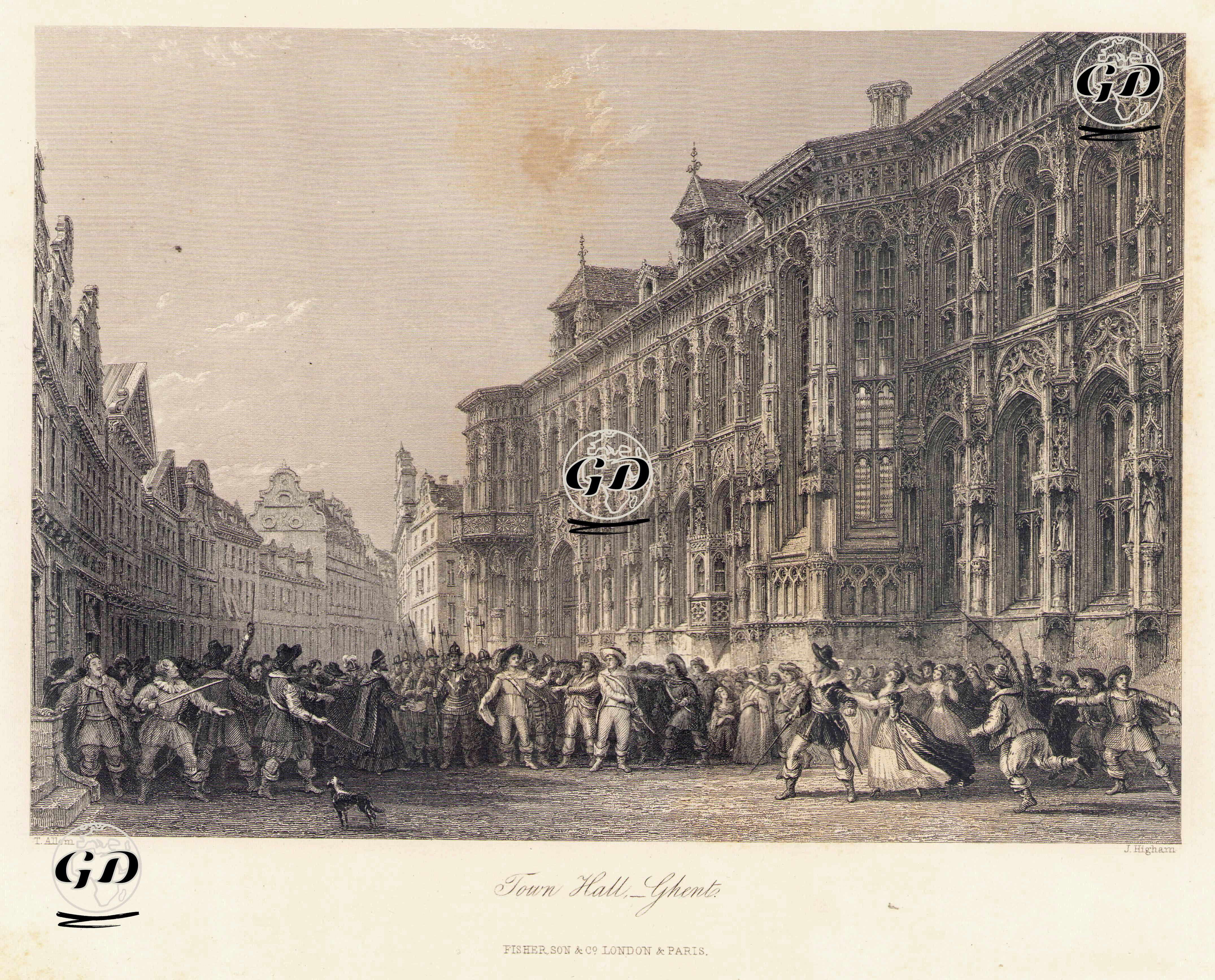 Ghent Belediye Binası Ve Kutsal Roma İmparatoru V.Karl'a Karşı Ayaklananlar - Thomas Allom (1804-1872) - 1848