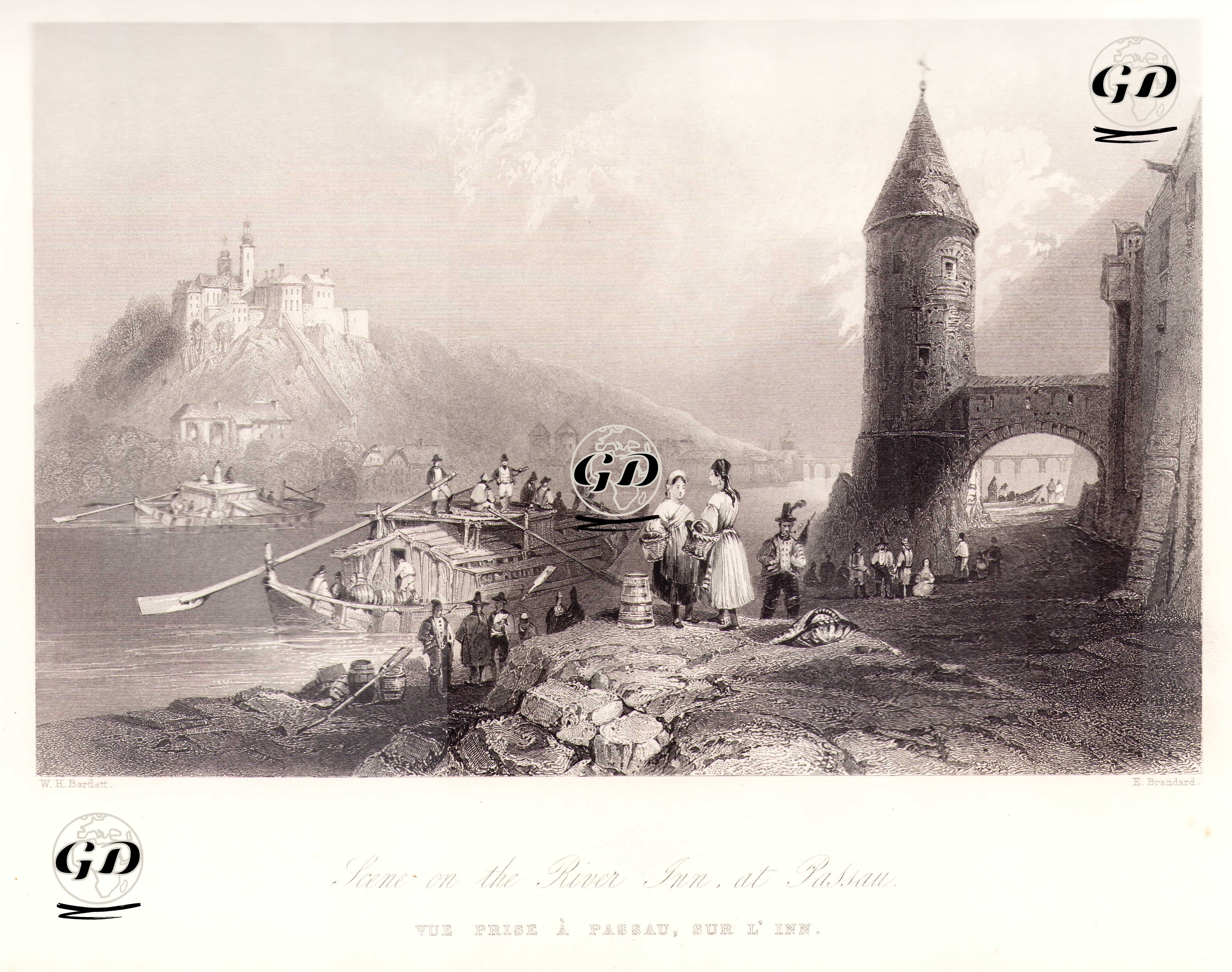 Passau Şehrinde İnn Nehrinden Bir Manzara - William Henry Bartlett (1809-1854) - 1854