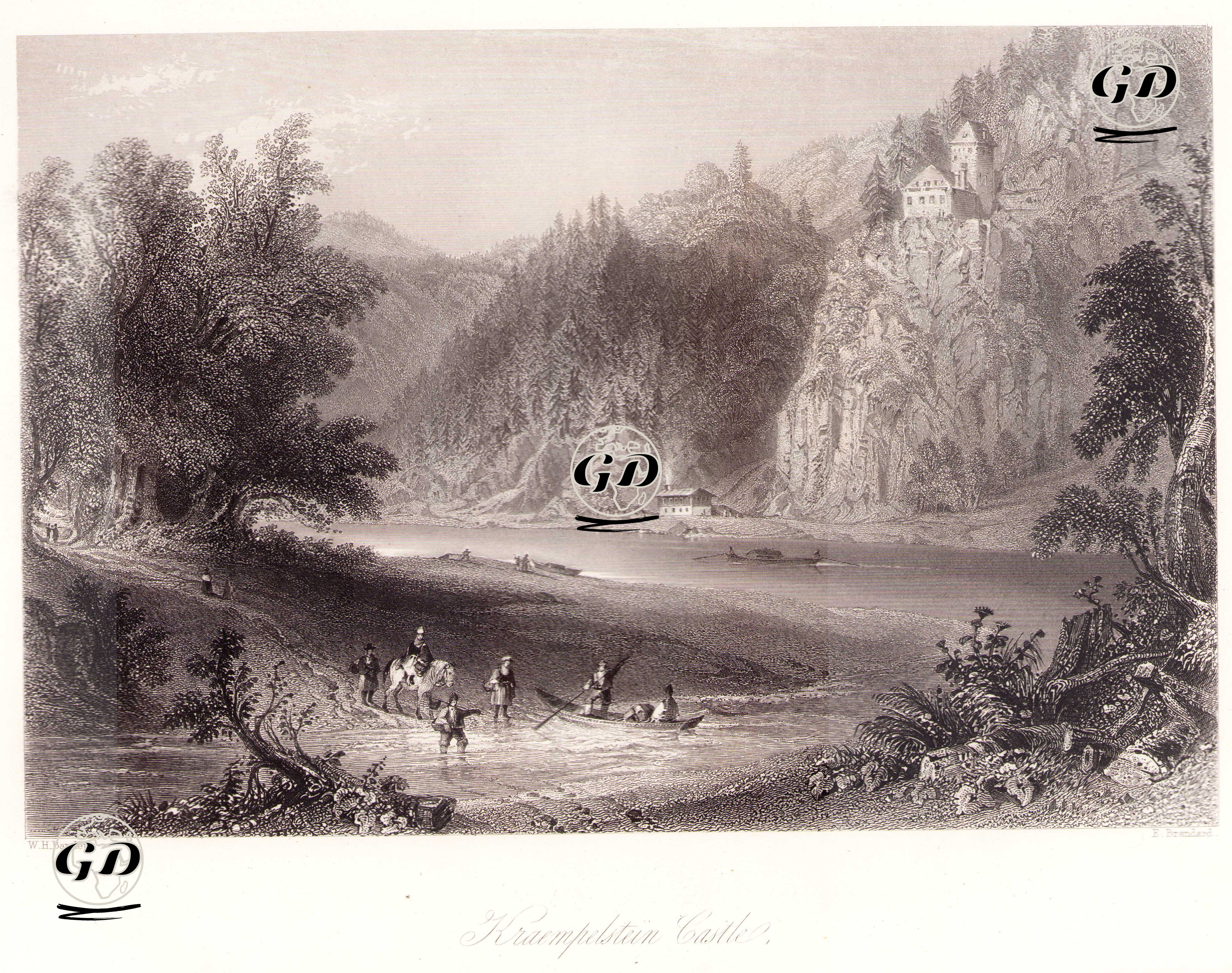 Tuna Nehri Üzerinde Kraempelstein (Schneiderschlössl) Kalesi - William Henry Bartlett (1809-1854) - 1854