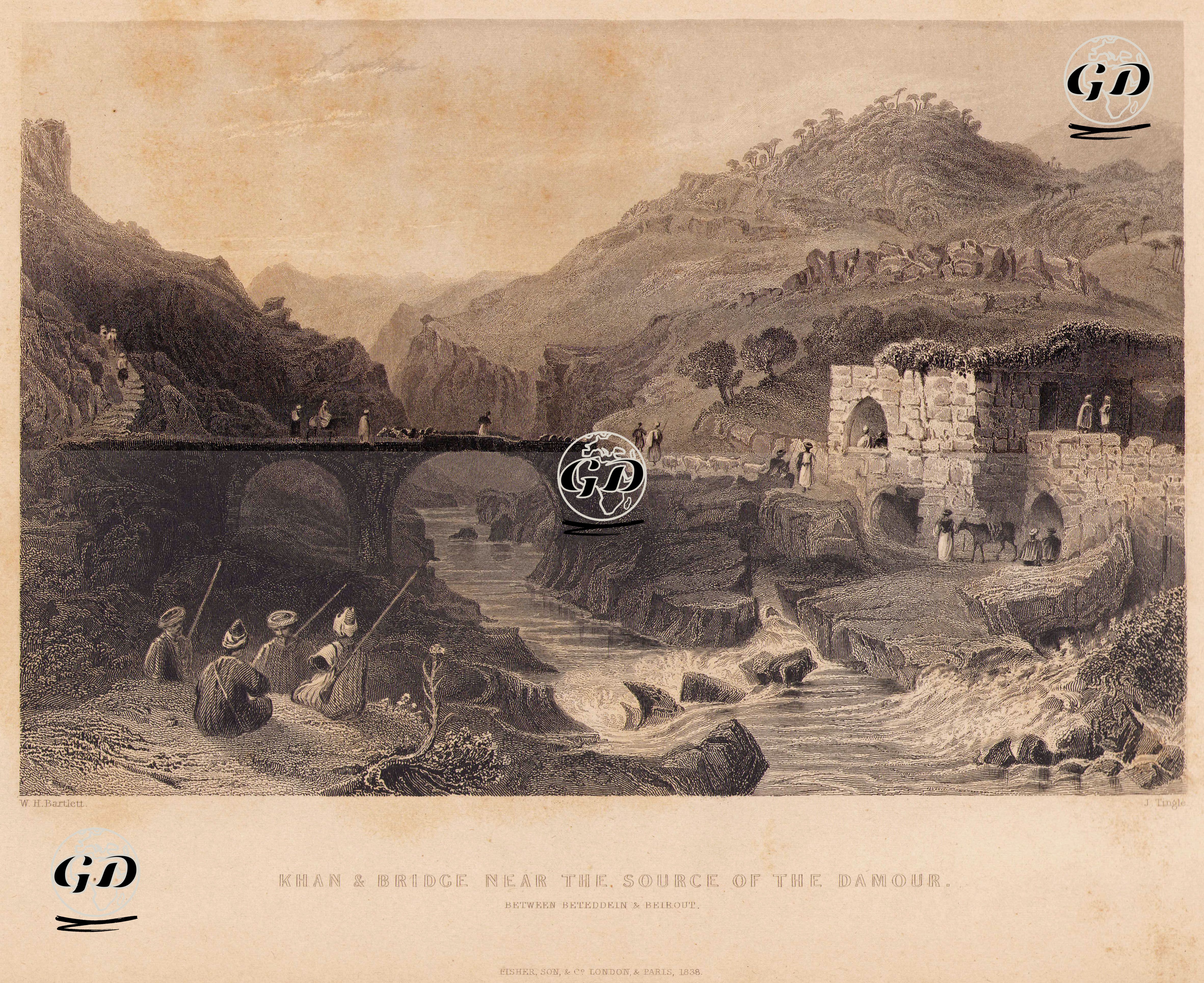 Damour Nehrinin Kaynağının Yakınıdaki Han ve Köprü - William Henry Bartlett (1809-1854) - 1838