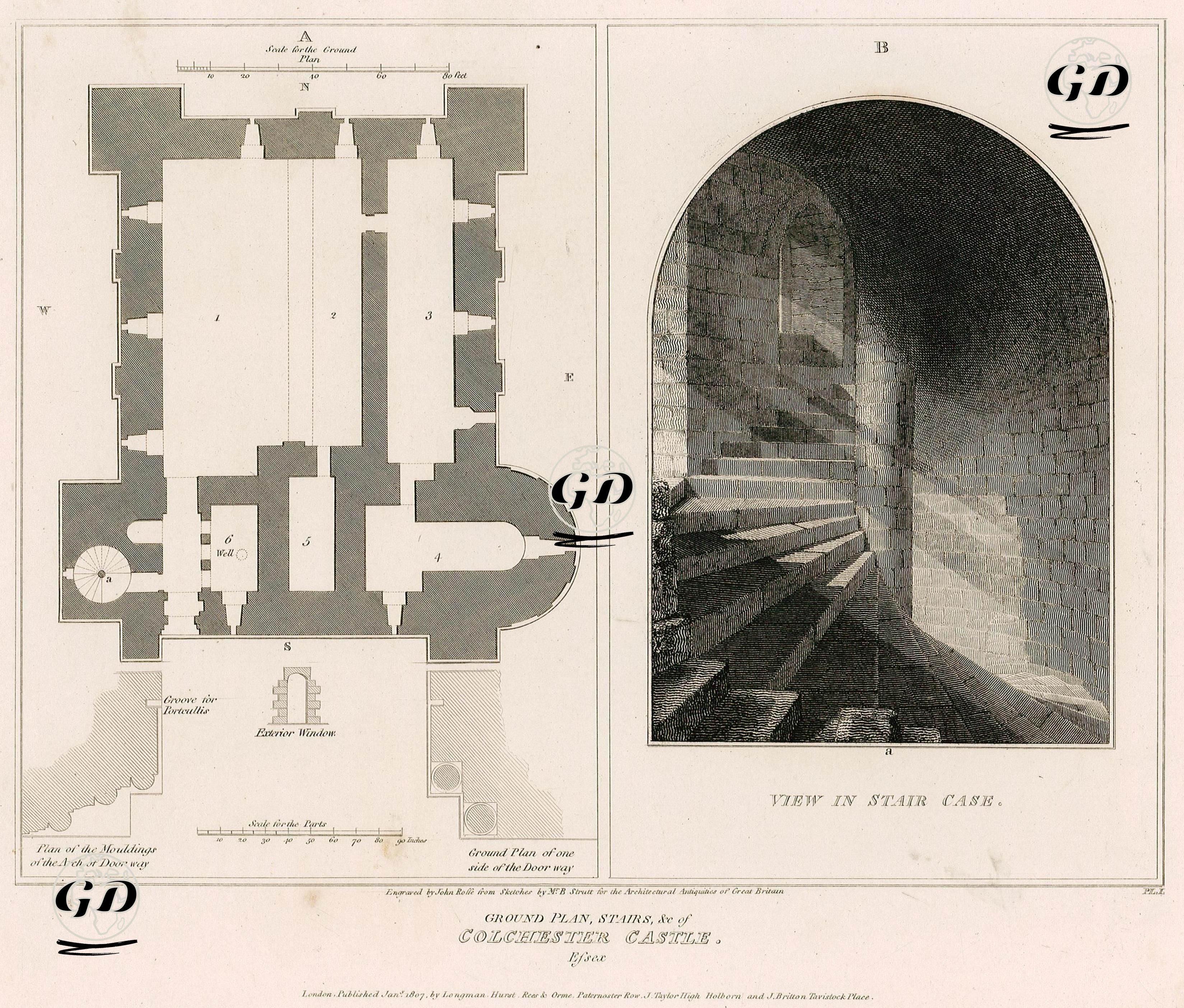 Colchester Kalesinin Planı Ve Merdivenleri, Essex - B.Strutt - 1807
