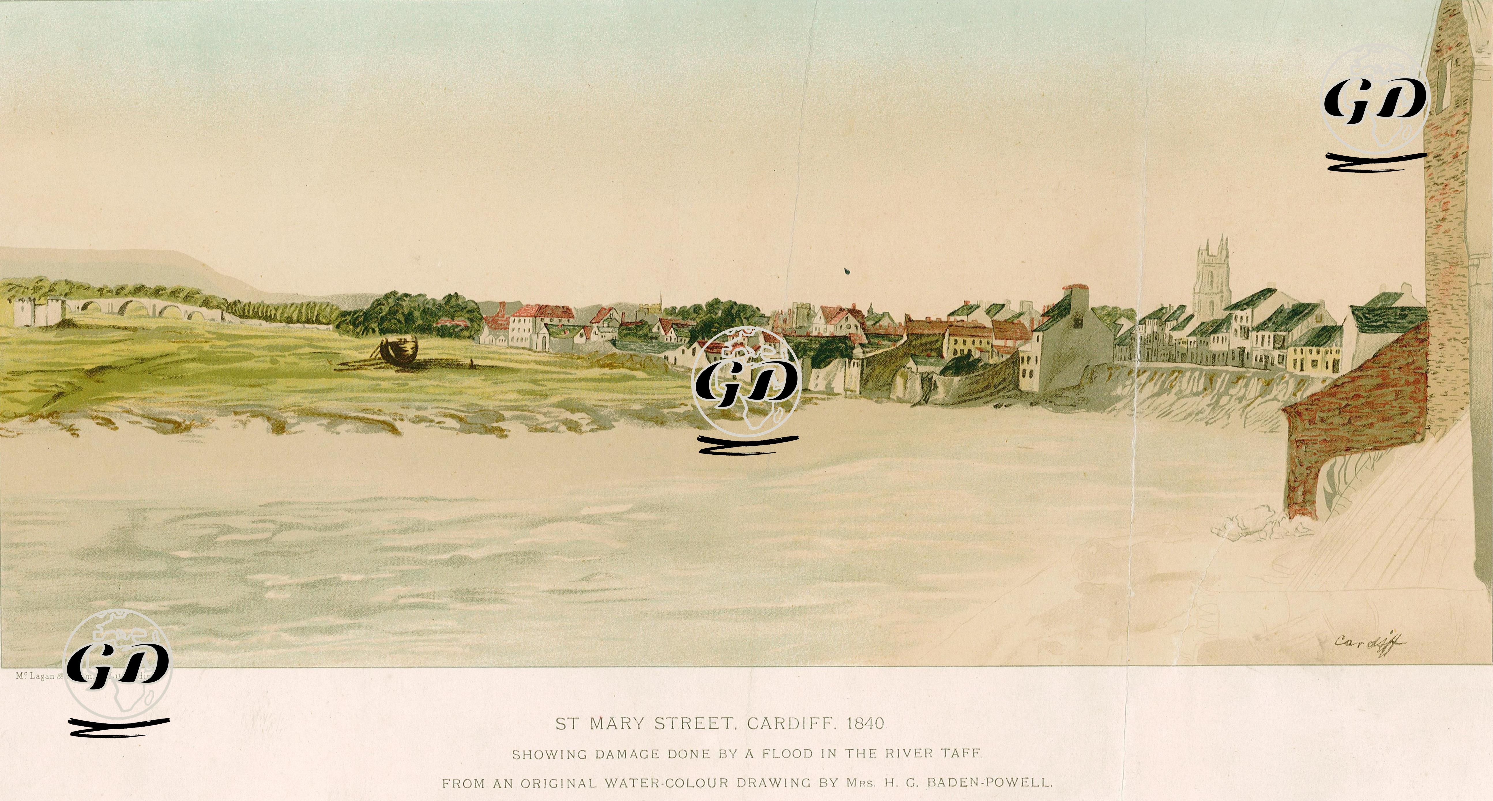 1840 Yılında Taff Nehrinin Taşmasının Yaptğı Hasar İle Birlikte Cardiff Şehrinin St.Mary Caddesine  Görünümü - Henrietta Grace Baden Powell (1824-1914) - 1840