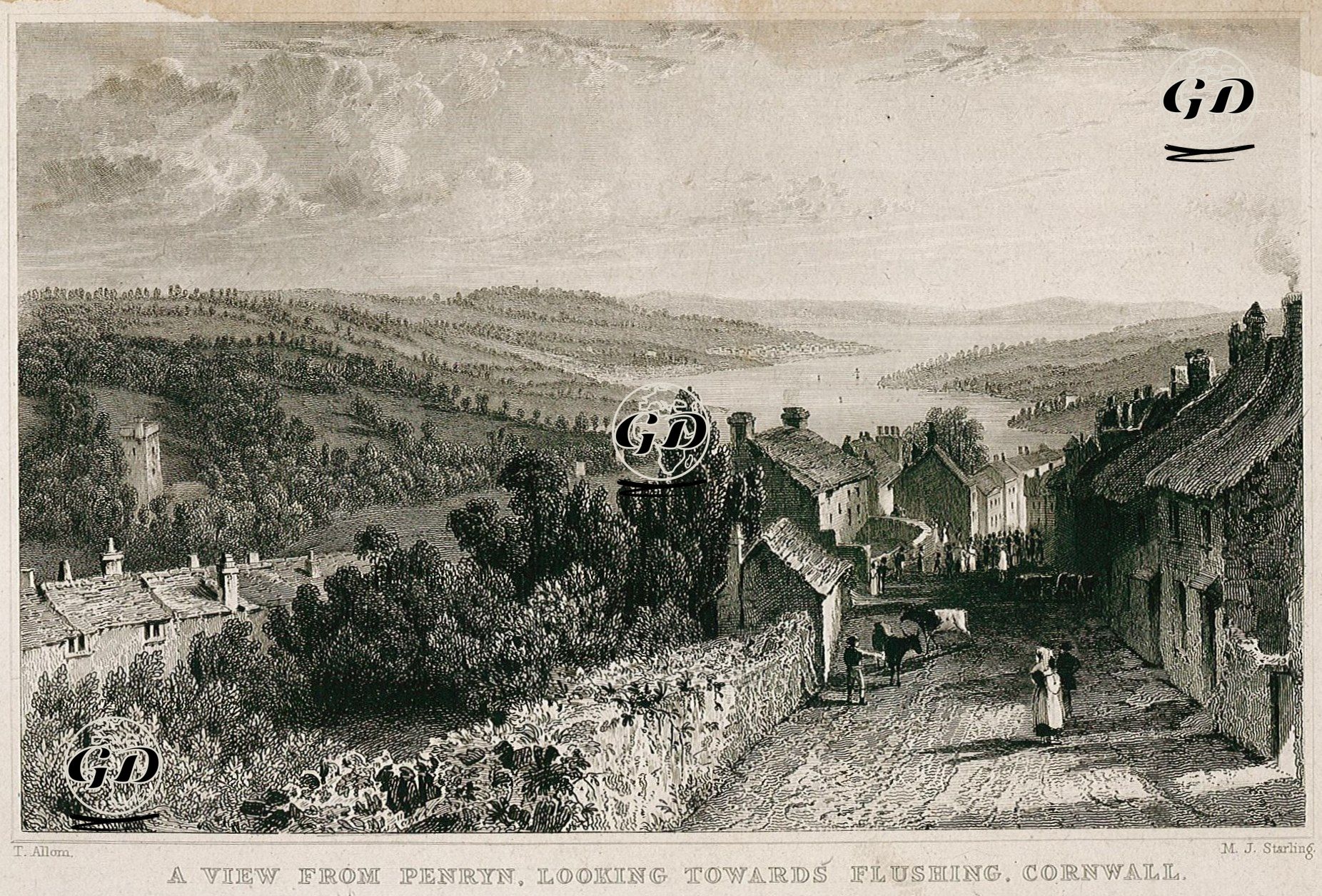 A View From Penryn, Looking Towards Flushing, Cornwall  - Thomas Allom (1804-1872) - 1831