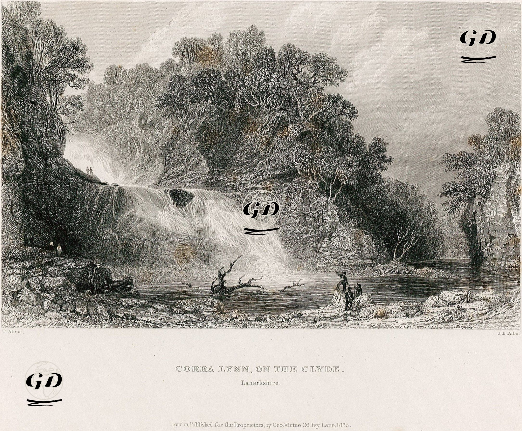 Clyde Nehri Üzerinde Corra Lynn Şelalesi, Lanarkshire - Thomas Allom (1804-1872) - 1836
