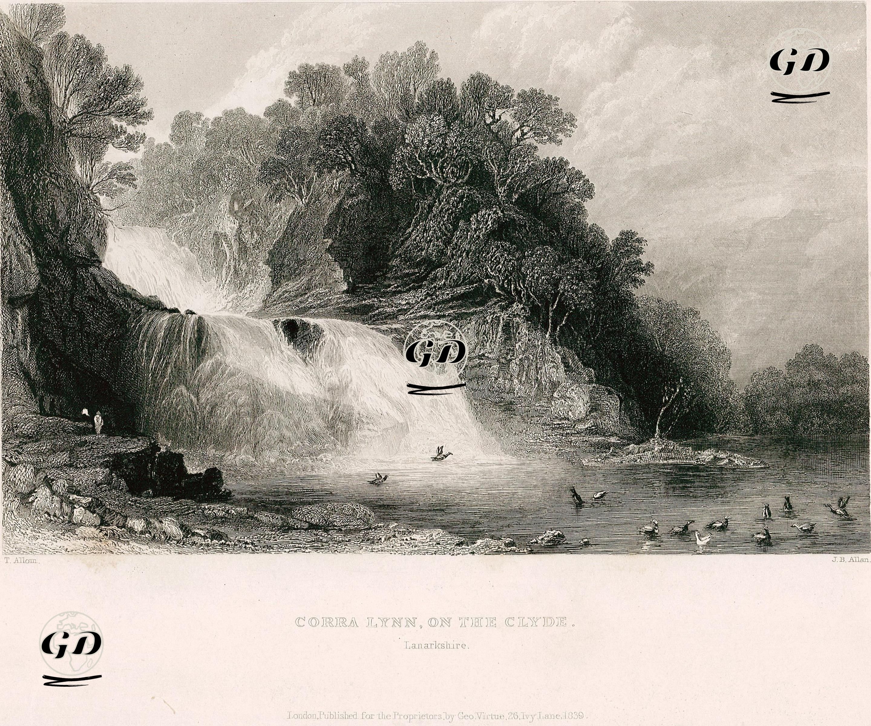 Clyde Nehri Üzerinde Corra Lynn Şelalesi, Lanarkshire - Thomas Allom (1804-1872) - 1839