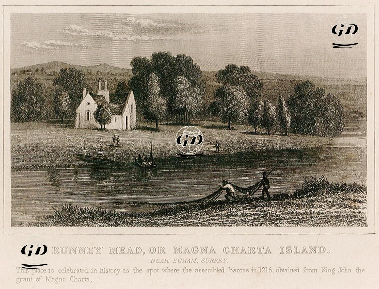 Runney Mead, Or Magna Charta Island, Near Egham, Surrey-This place is Celebrated in History As The Spot Where The Assembled Barons in 1215, Obtained From King John, The Grant Of Magna Charta -  - 1845