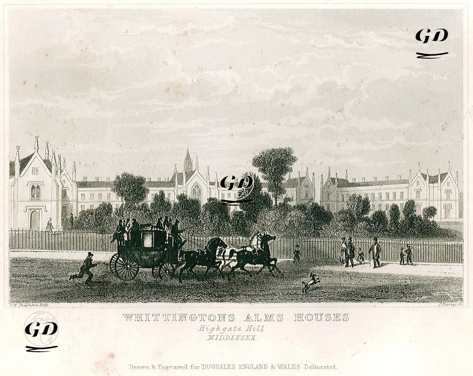 Whittingtons Alms Houses, Highgate Hill, Middlesex - Thomas Hosmer Shepherd (1792-1864) - 1845
