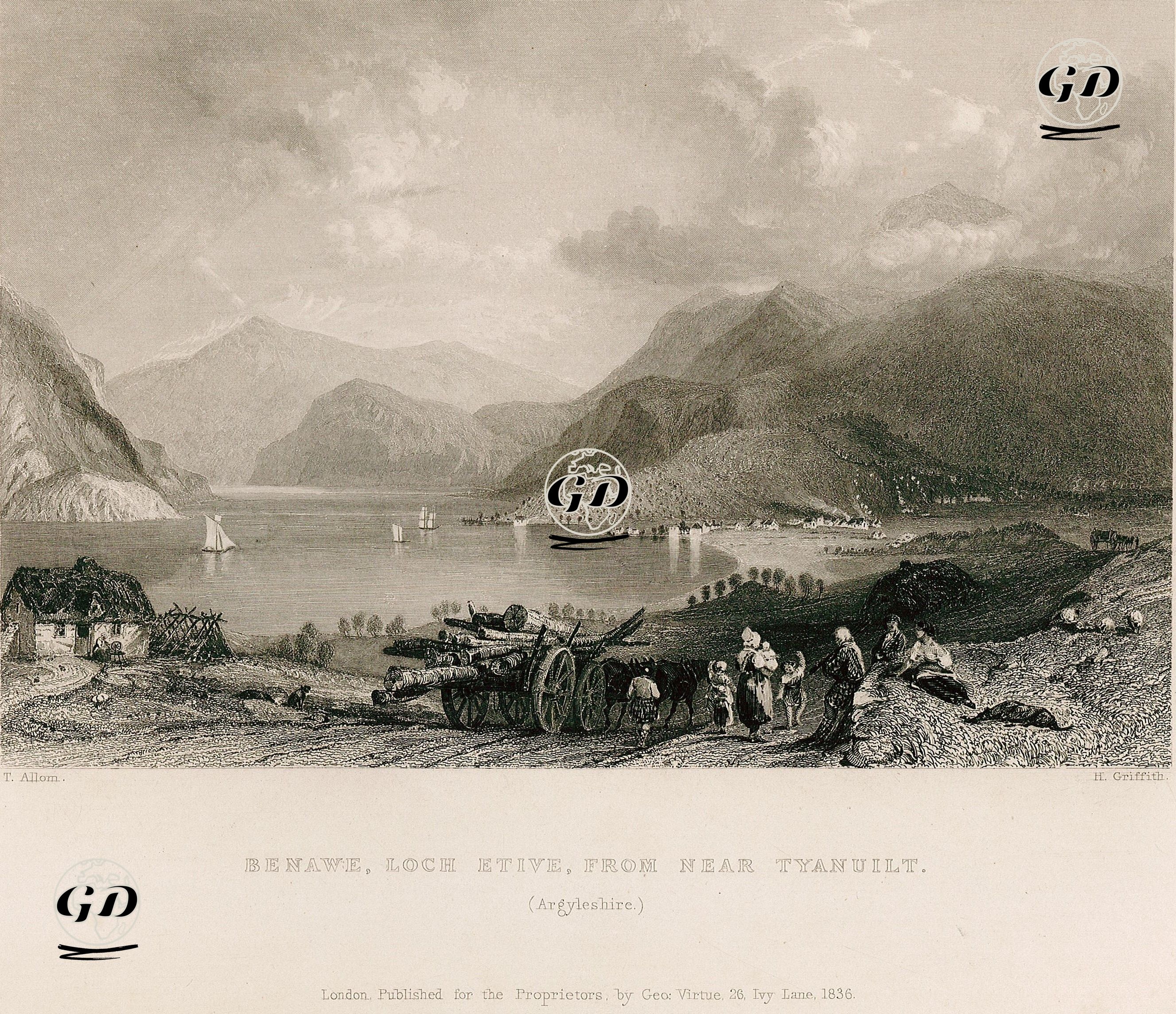 Tyanuilt Köyünden Bonawe Köyü Ve Etive Gölü, Argyleshire - Thomas Allom (1804-1872) - 1836