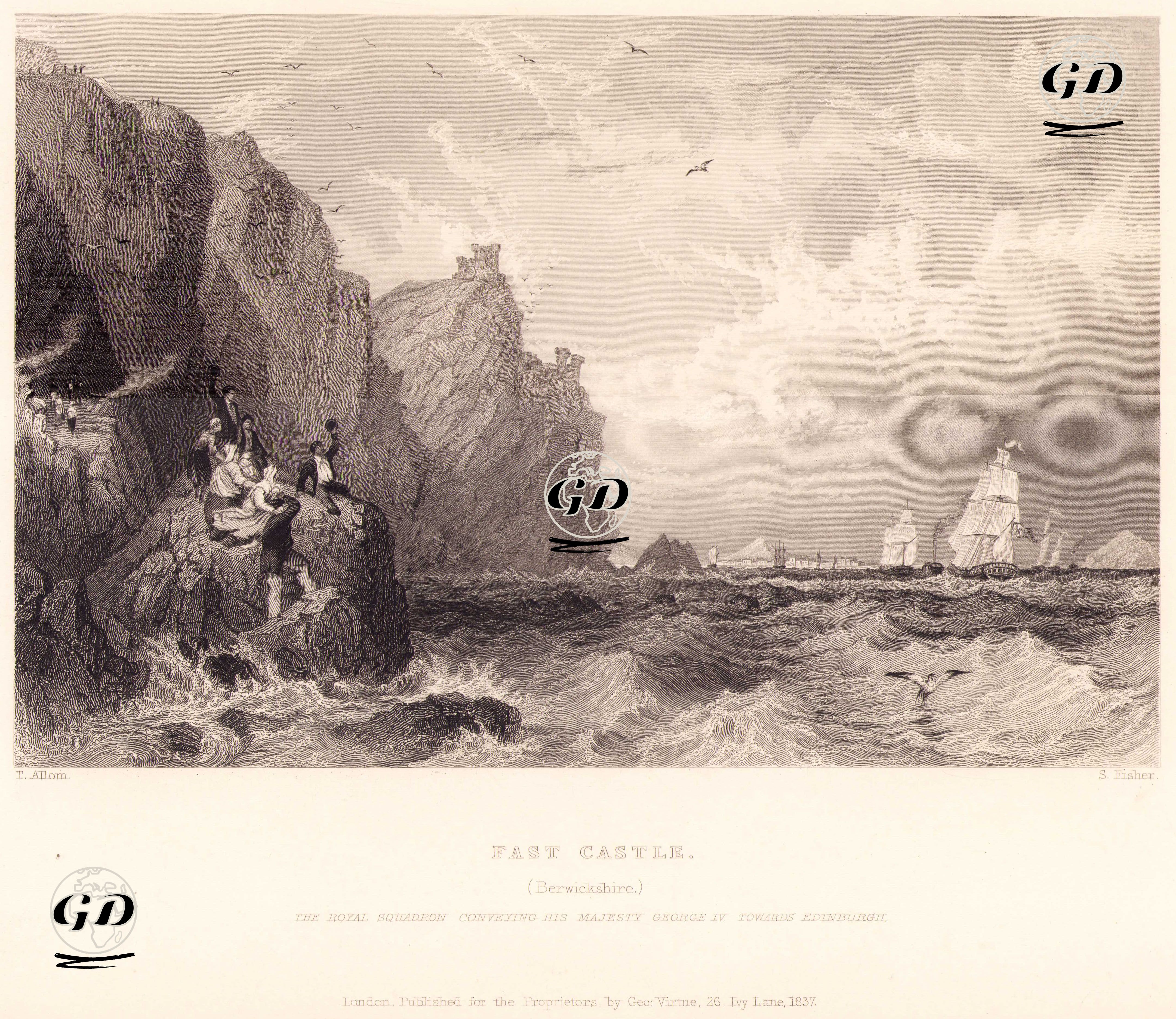 Fast Castle, Berwickshire, The Royal Squadron Conveying His Majesty King George IV Towards Edinburgh - Thomas Allom (1804-1872) - 1837