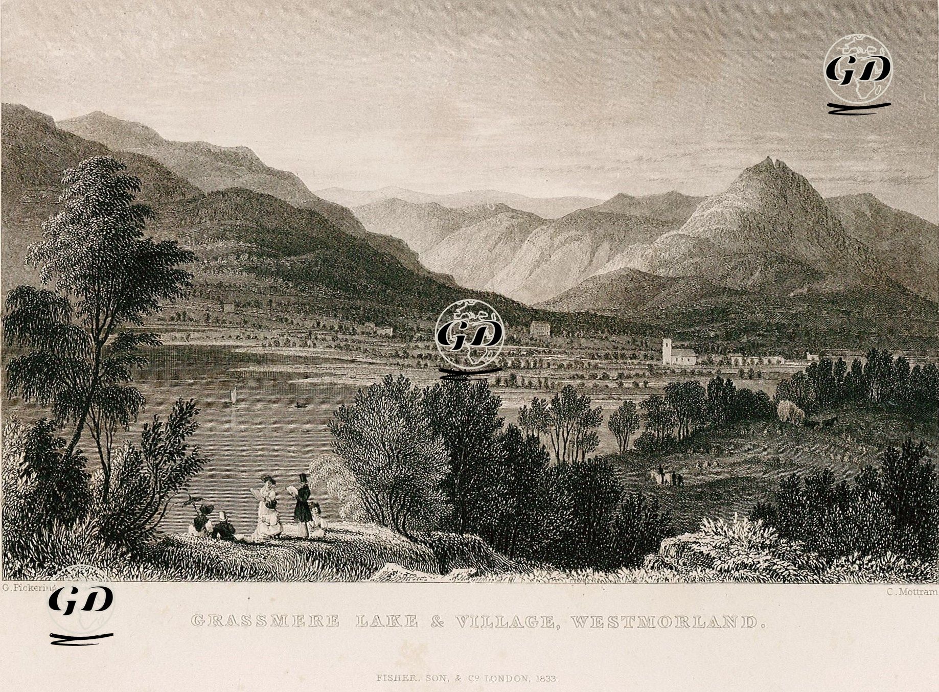 Grasmere Gölü Ve Köyü, Westmorland - George Pickering (1794-1857) - 1833