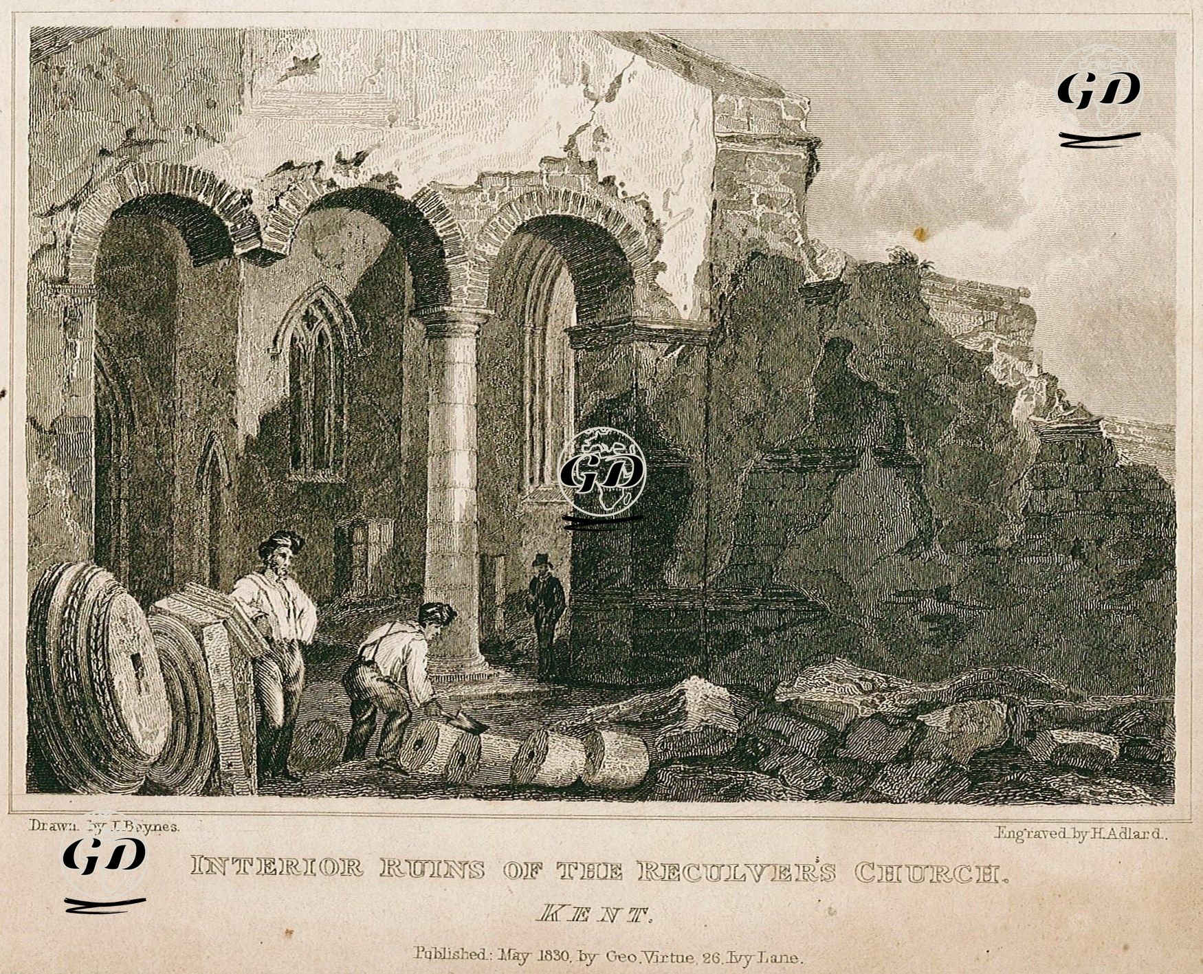 interior Ruins Of The Reculvers Church, Kent - I.Baynes - 1830