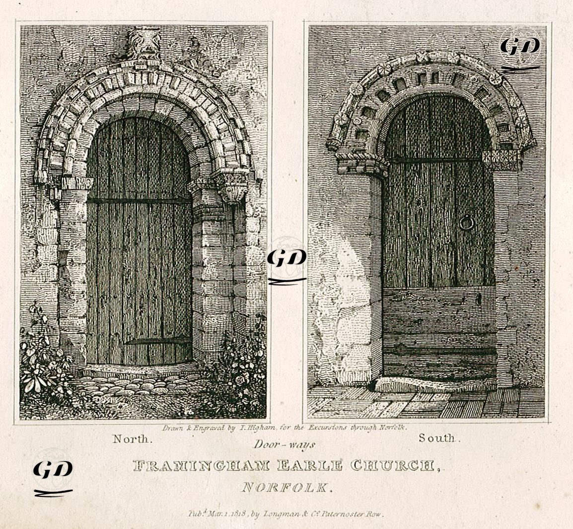 St.Andrew (Framingham Earl) Kilisesinin Kapıları, Norfolk - I.Higham - 1818