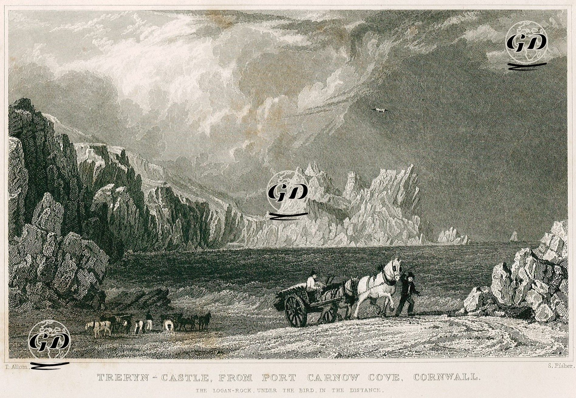Treryn Castle From Port Carnow Cove, Cornwall, The Logan Rock Under The Bird in The Distance - Thomas Allom (1804-1872) - 1831