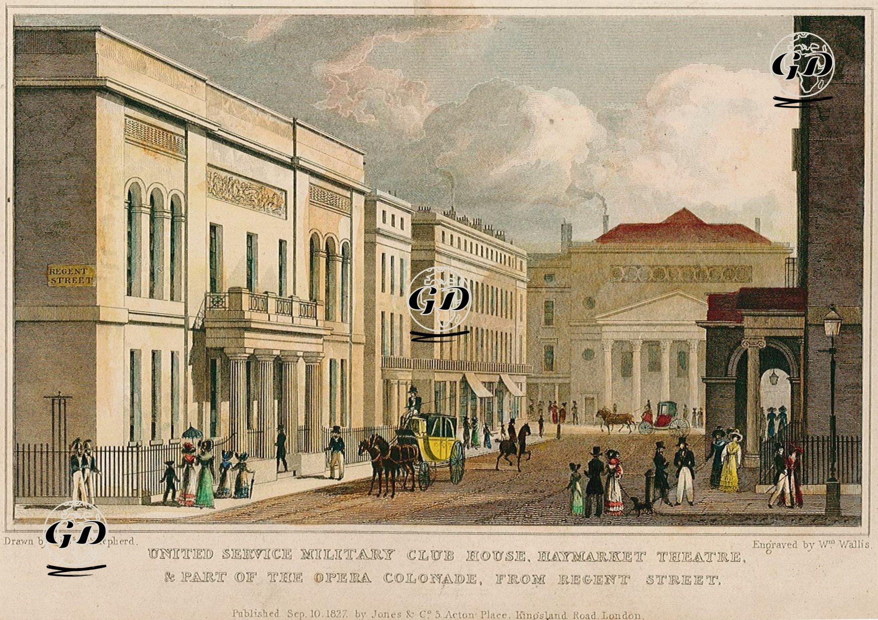Regent  Caddesinden United Service Askeri Klüp Binası, Haymarket Tiyatrosu Ve Opera Colonade Binasının Bir Kısmının 
Görünümü - Thomas Hosmer Shepherd (1792-1864) - 1827