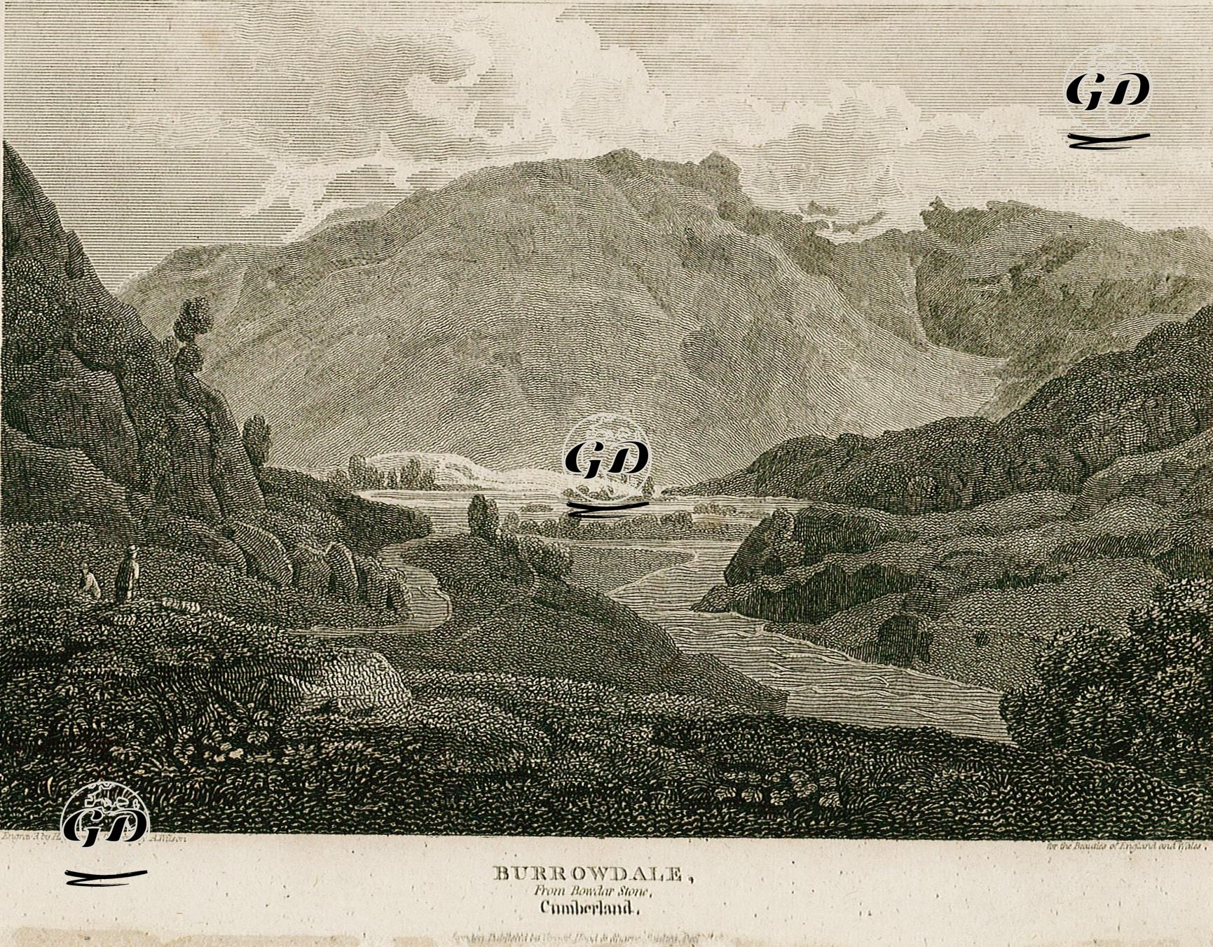 Bowder Kayalığından Burrowdale, Cumberland - A.Wilson - 1811