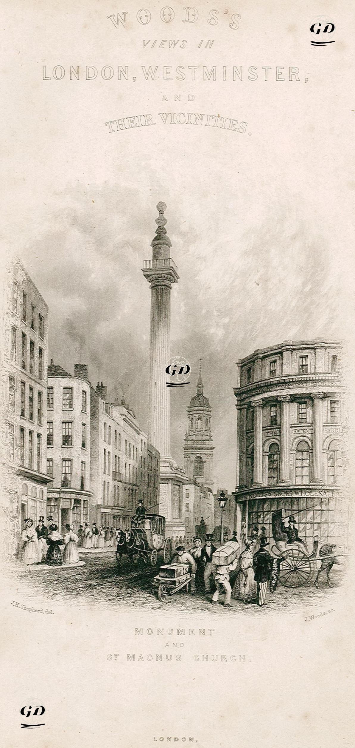 1666 Yılı Londra Büyük Yangını Anıtı Ve St.Magnus Kilisesi - Thomas Hosmer Shepherd (1792-1864) - 1837