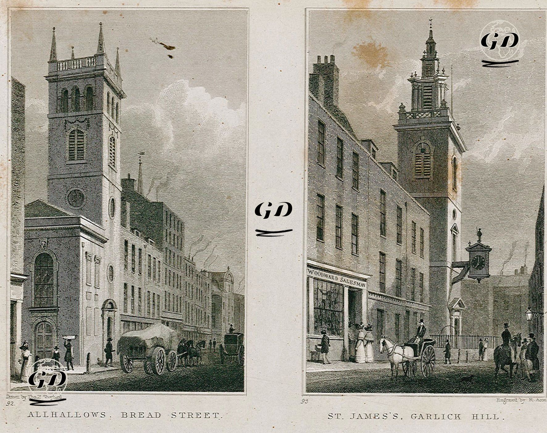 Allhallows, Bread Street, Pl.92-St. James's, Garlick Hill, Pl.93 - Thomas Hosmer Shepherd (1792-1864) - 1830