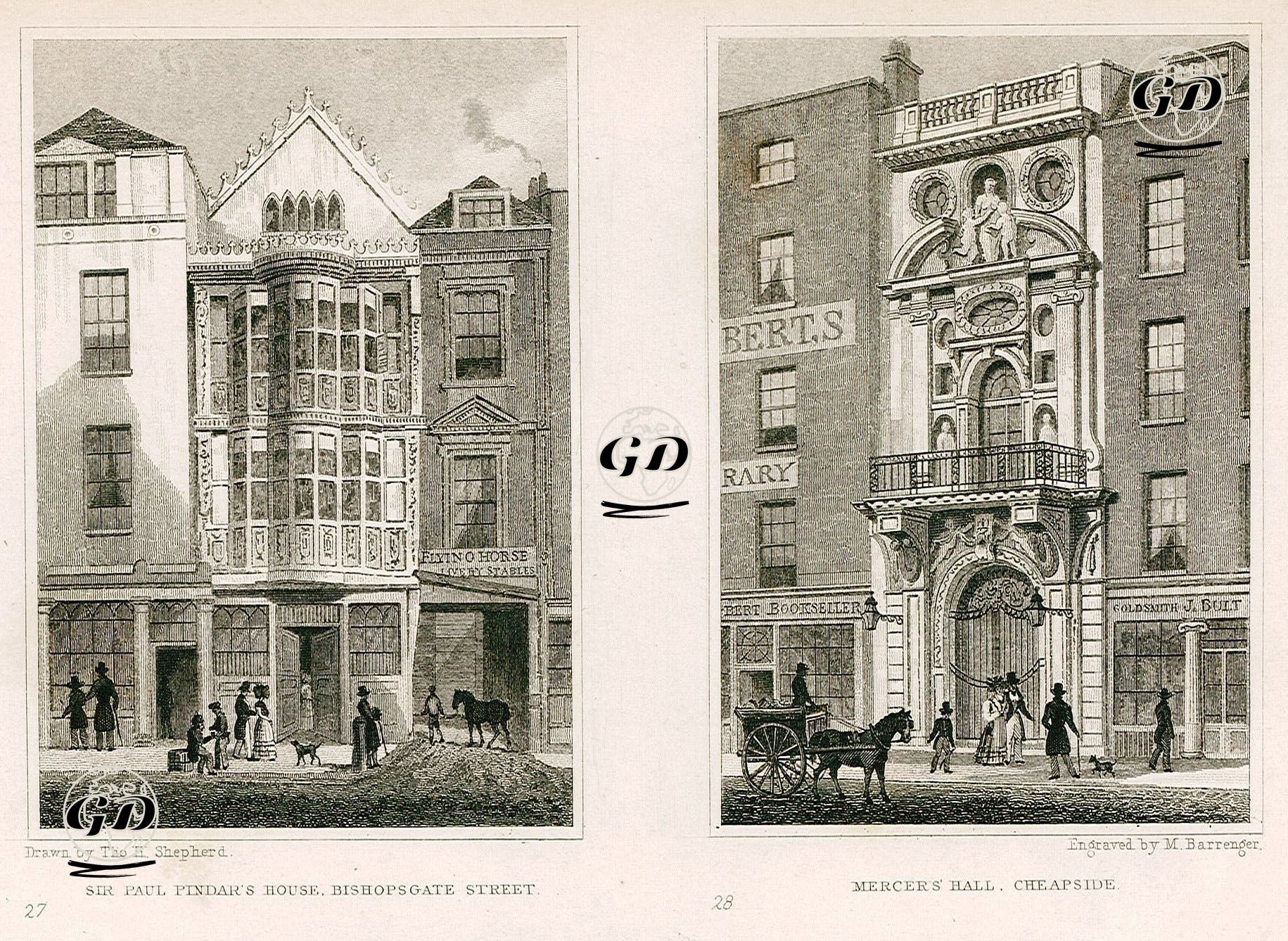 Paul Bindar'in Evi, Bishopgate Caddesi, Pl.27-Mercer Binası, Cheapside, Pl.28 - Thomas Hosmer Shepherd (1792-1864) - 1830