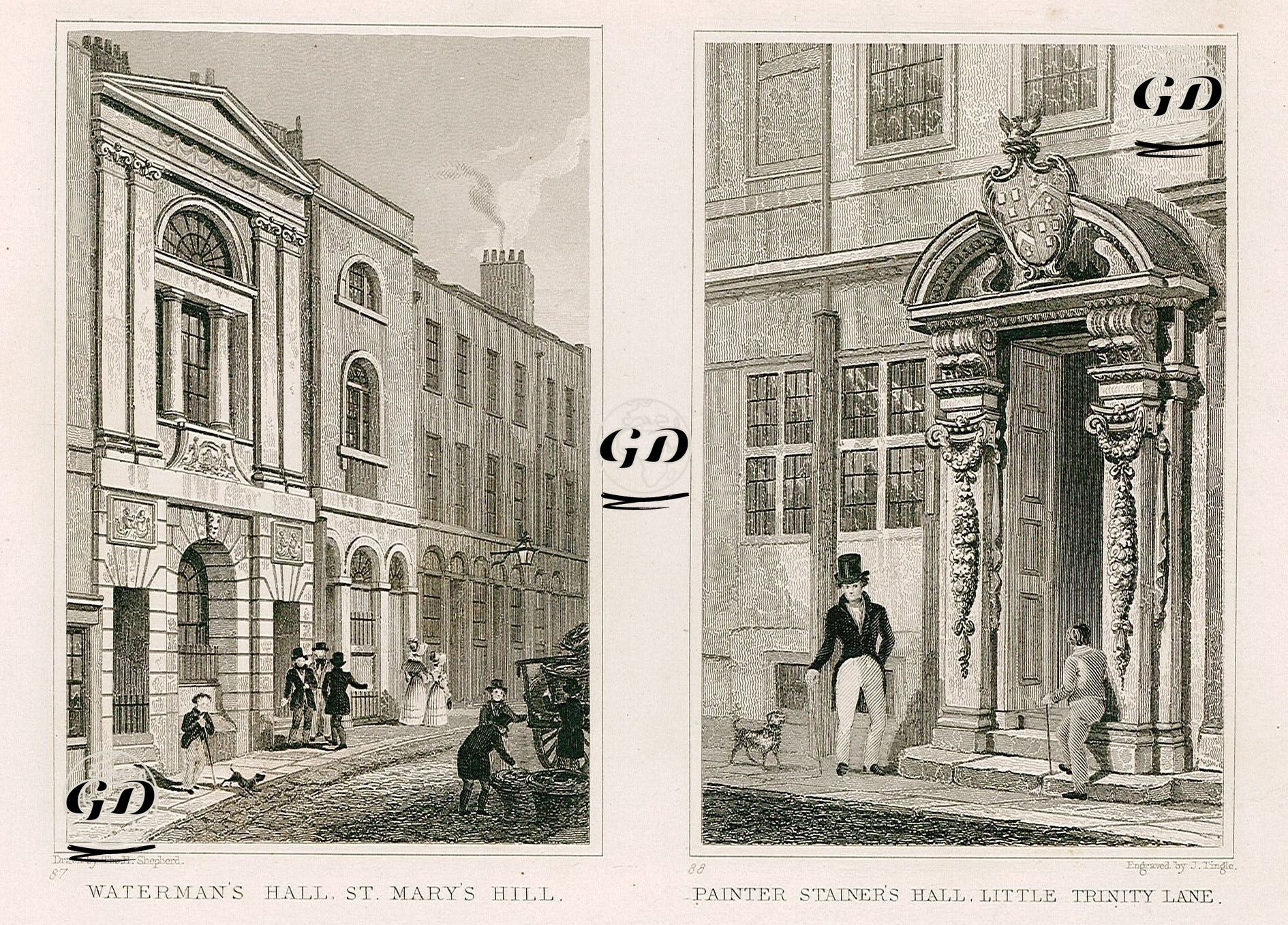 Waterman (Denizciler) Hall Binası, St. Mary's Hill, Pl.87-Painter Stainer (Boyacılar) Hall Binası, Little Trinity Lane, Pl.88 - Thomas Hosmer Shepherd (1792-1864) - 1830