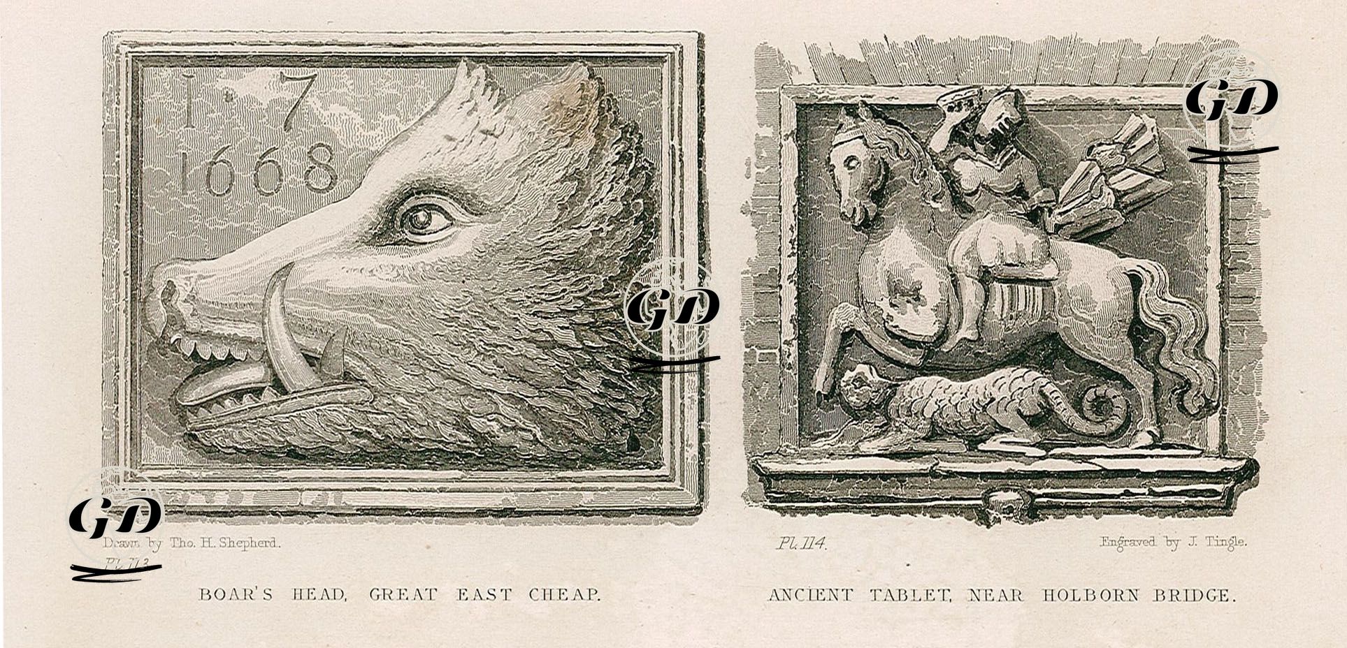 Great East Cheap Caddesinde Bulunan Domuz Başı, Pl.113-Holborn Köprüsünün Yakınında Bulunan Eski Tablet, Pl.114  - Thomas Hosmer Shepherd (1792-1864) - 1831