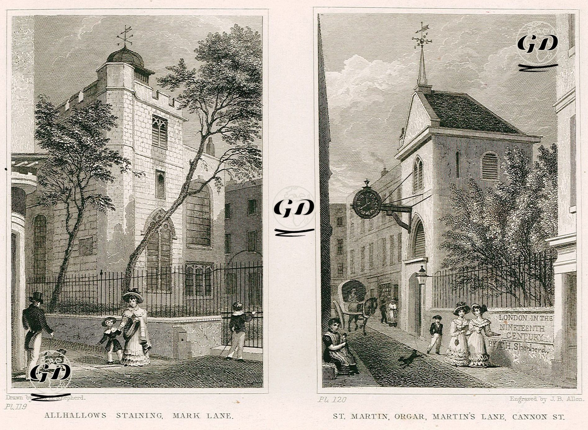 Allhallows Staining Kilisesi, Mark Lane, Pl.119-St.Martin Orgar Kilisesi, Martin Lane, Cannon Caddesi, Pl.120 - Thomas Hosmer Shepherd (1792-1864) - 1831