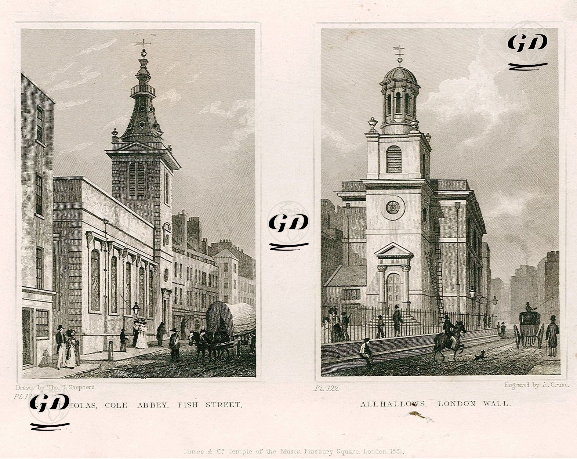 St.Nicholas Cole Abbey Kilisesi, Fish Caddesi, Pl.121-Allhallows Kilisesi, London Wall, Pl.122 - Thomas Hosmer Shepherd (1792-1864) - 1831