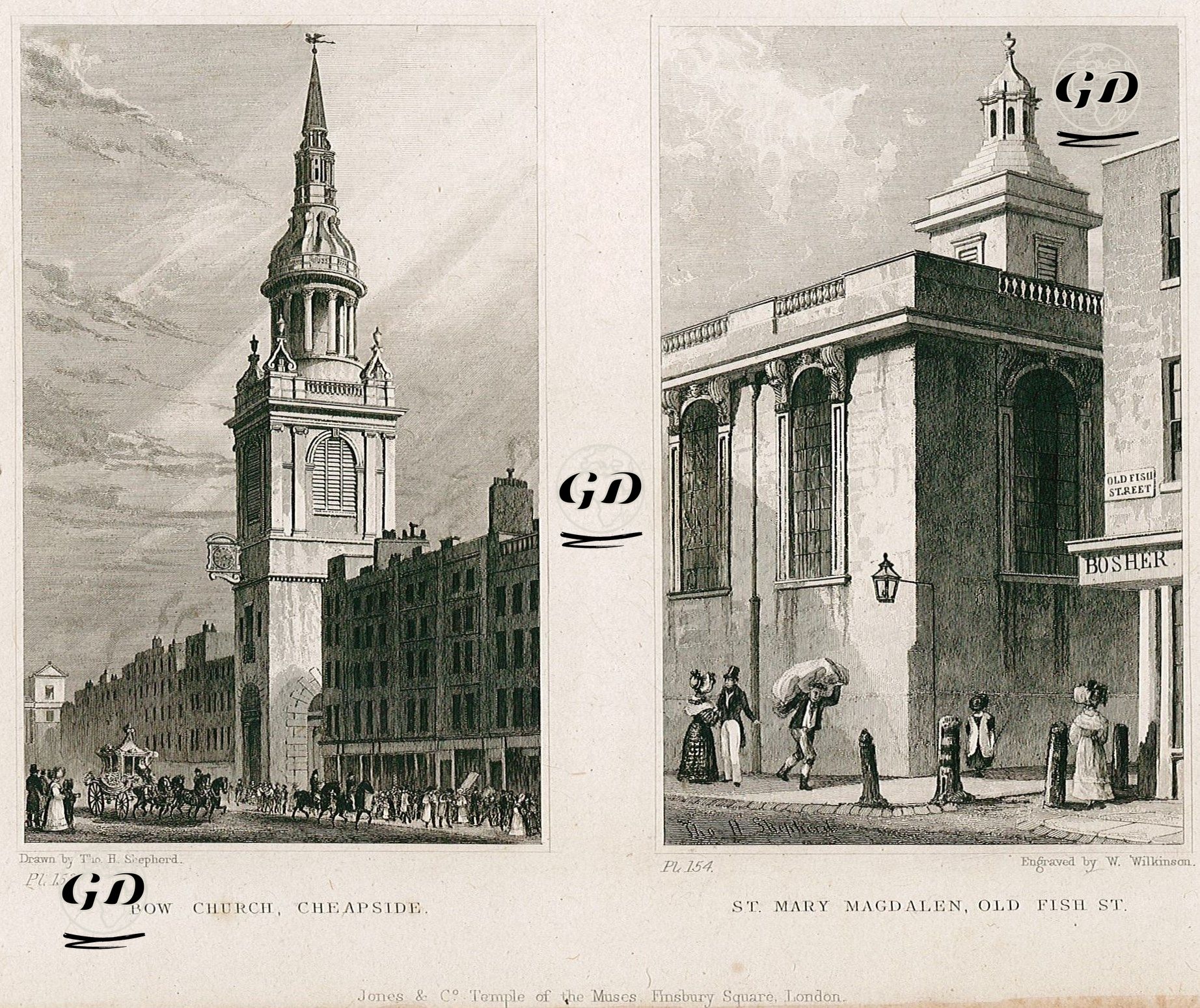 Bow Church, Cheapside, Pl.153-St.Mary Magdalen, Old Fish St., Pl.154 - Thomas Hosmer Shepherd (1792-1864) - 1830's