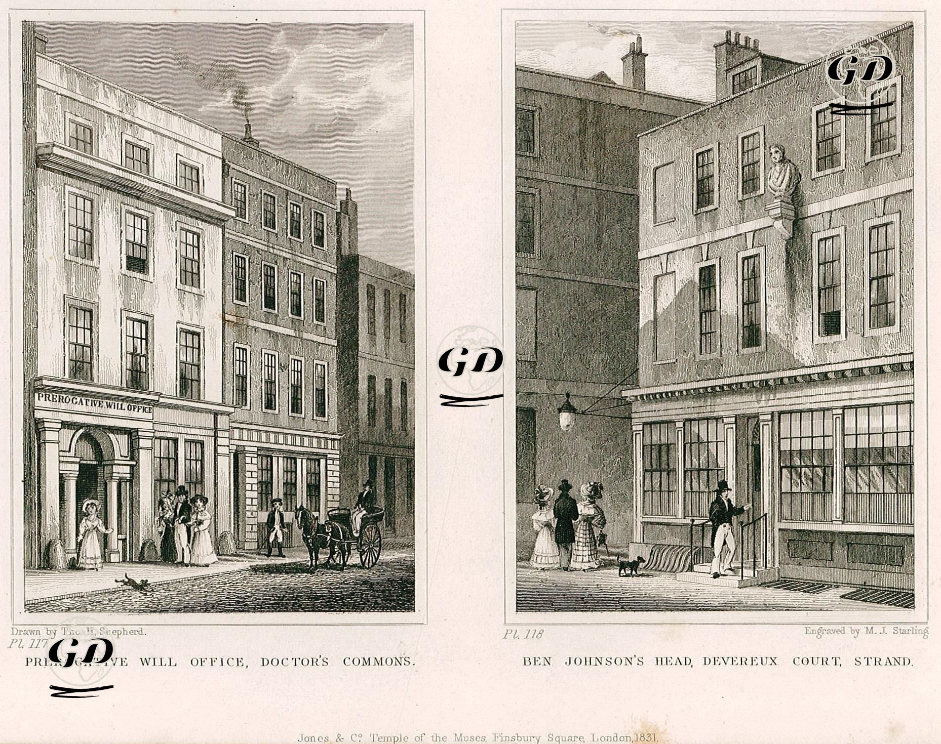 Prerogative Will Office, Doctor's Commons, Pl.117-Ben Johnson's Head, Devereux Court, Strand, Pl.118 - Thomas Hosmer Shepherd (1792-1864) - 1831