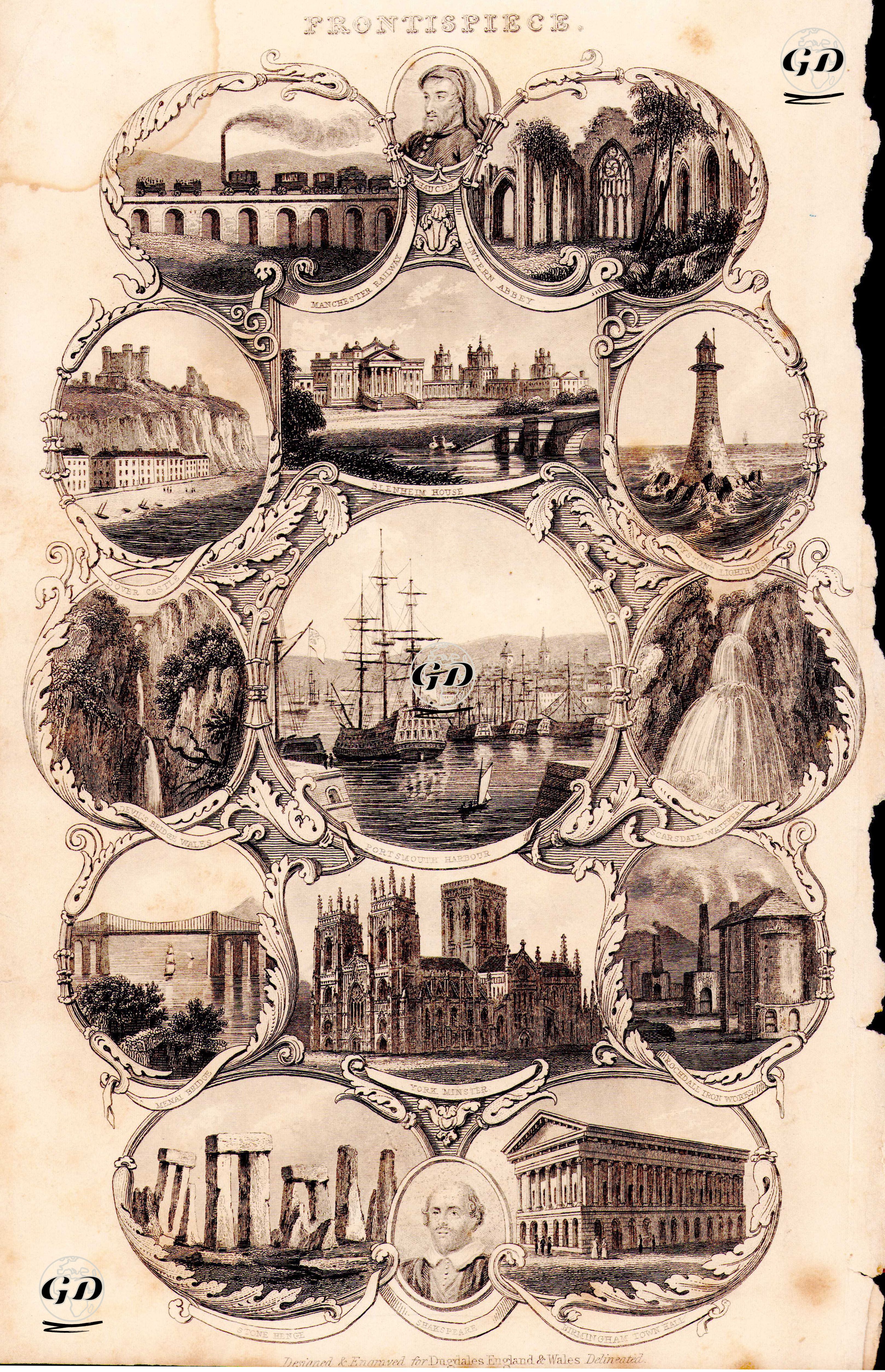 Mancshester Trenyolu-Şair Geoffrey Chaucer-Tintern Manastırı-Dover Kalesi-Blenheim Malikhanesi-Eddystone Feneri-Devil Köprüsü, Galler-Portsmouth Limanı-Scarsdale Şelalesi-Menai Köprüsü-York Katedrali-Rochdale Çelik Fabrikası-Stone Henge-Shakspeare-Birmingham Belediye Binası -  - 1835