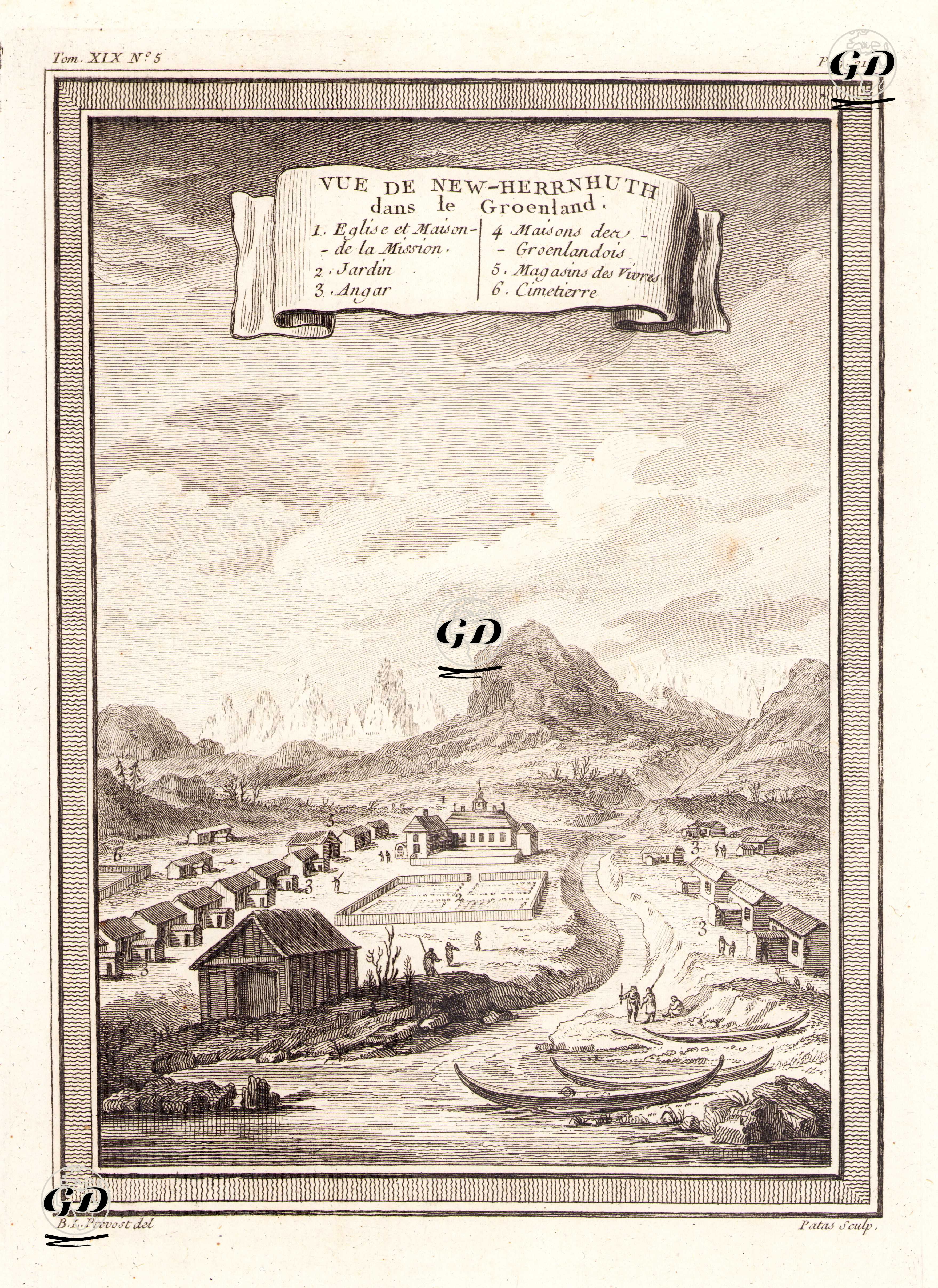 New Herrnhut (Old Nuuk), Grönland-1.Kilise Ve Misyonerlik Evi 2.Bahçe 3.Hangar 4. Grönland'da yaşayanların Evi 5.Yiyecek 
Dükkanları 6.Mezarlık - Benoit Louis Prevost (1735-1804) - 1770