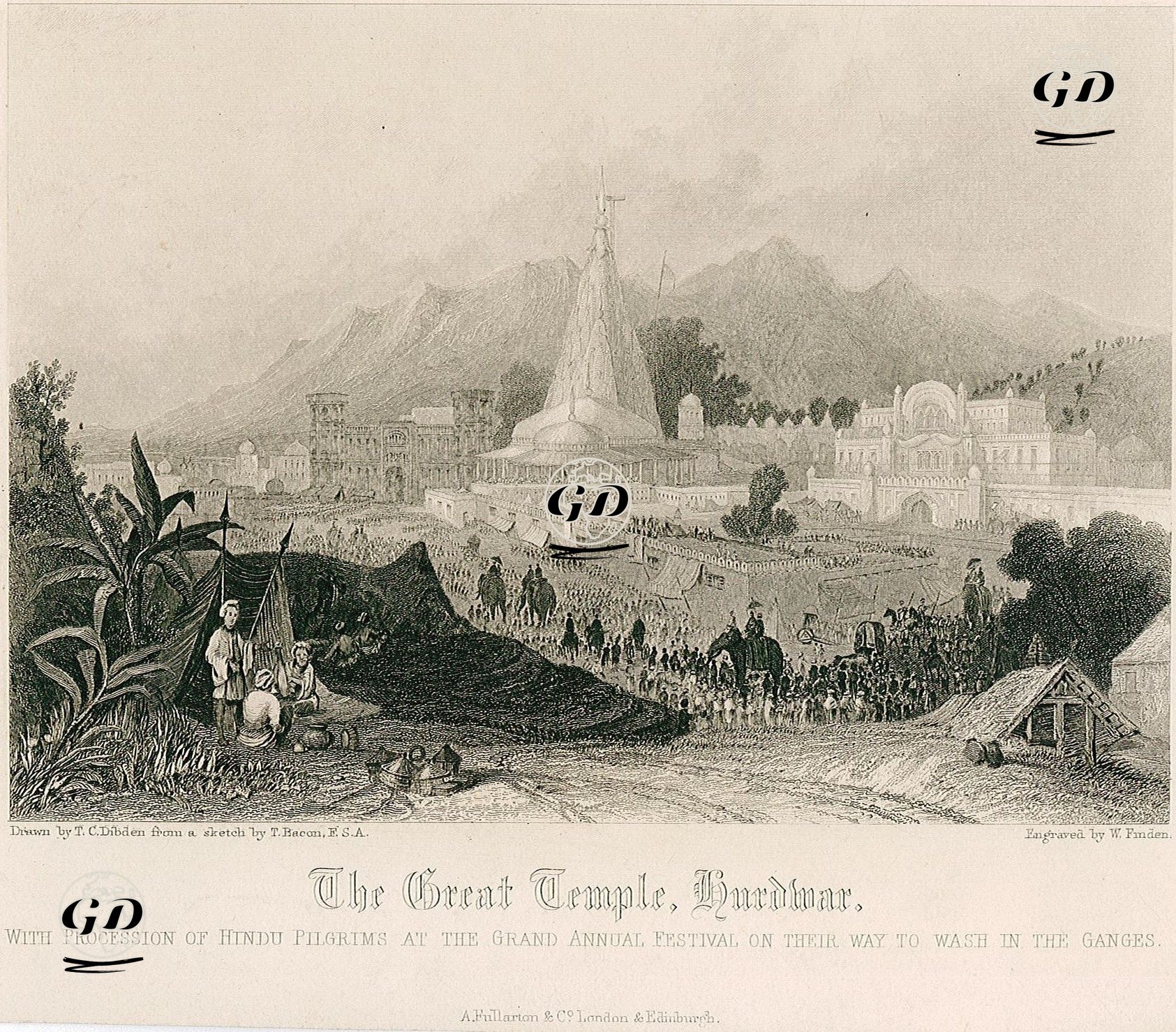 The Great Temple, Hurdmar, With Procession Of Hindu Pilgrims At The Grand Annual Festival On Their Way To Wash in The 
Ganges - Thomas Robert Colman Dibdin (1810-1893)-T.Bacon - 1858