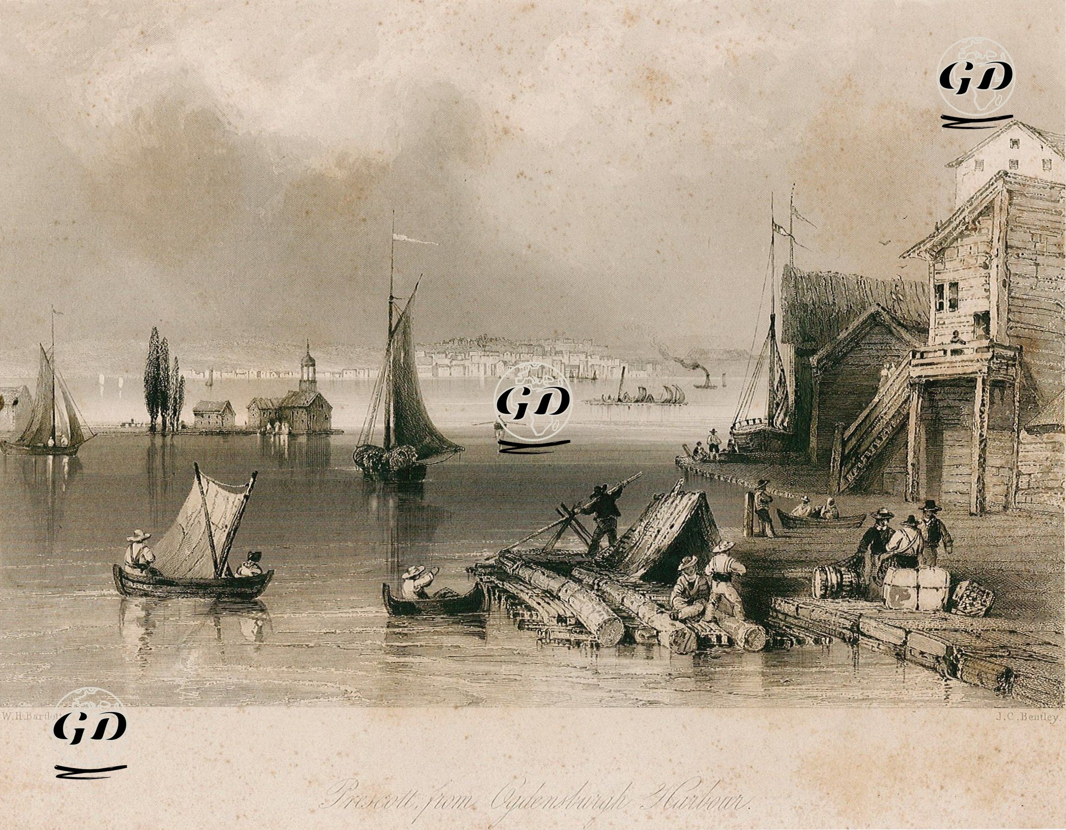 Prescott From Ogdensburgh Harbour - William Henry Bartlett (1809-1854) - 1842