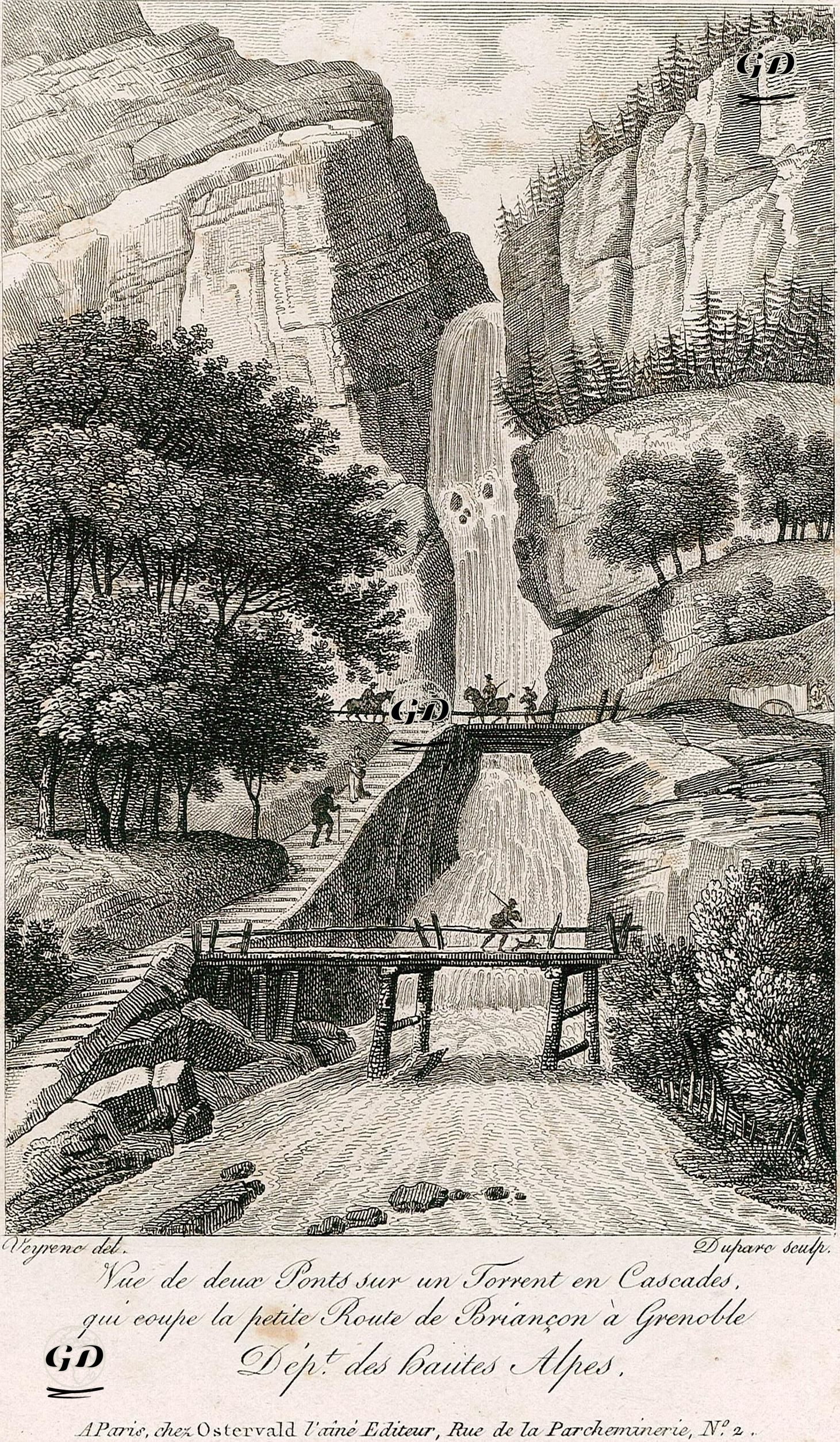 Vue De Deux Ponts Sur Un Torrent En Cascades, Qui Euope La Petite Route De Briancon A Grenoble, Dept. Des Hautes Alpes - Veyrene - 1800's