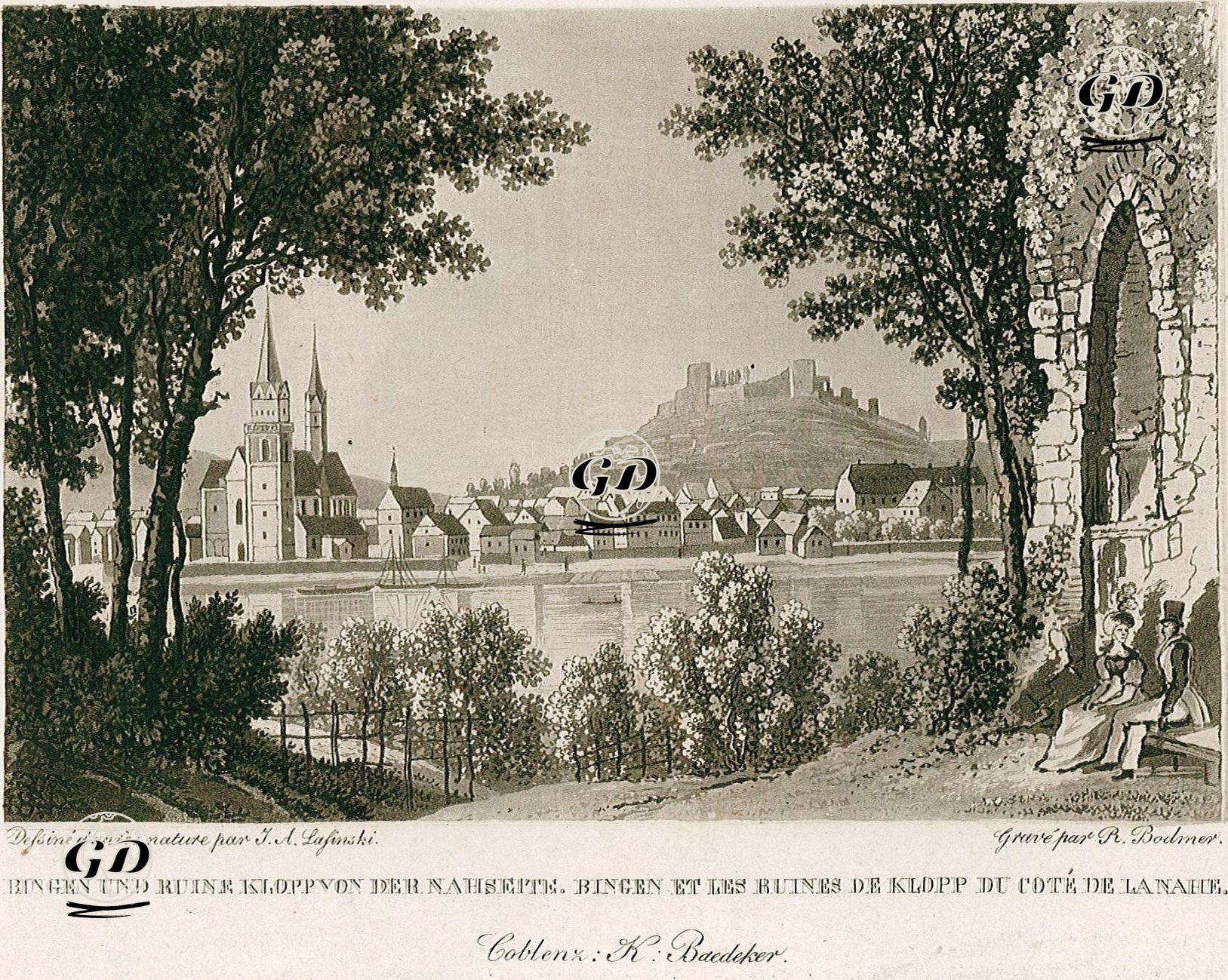 Bingen Und Ruine Klopp Von der Nahseite-Bingen At Les Ruines de Klopp Du Cote De Lanahe - Johann Adolf Lasinsky (1808-1871) - 1828