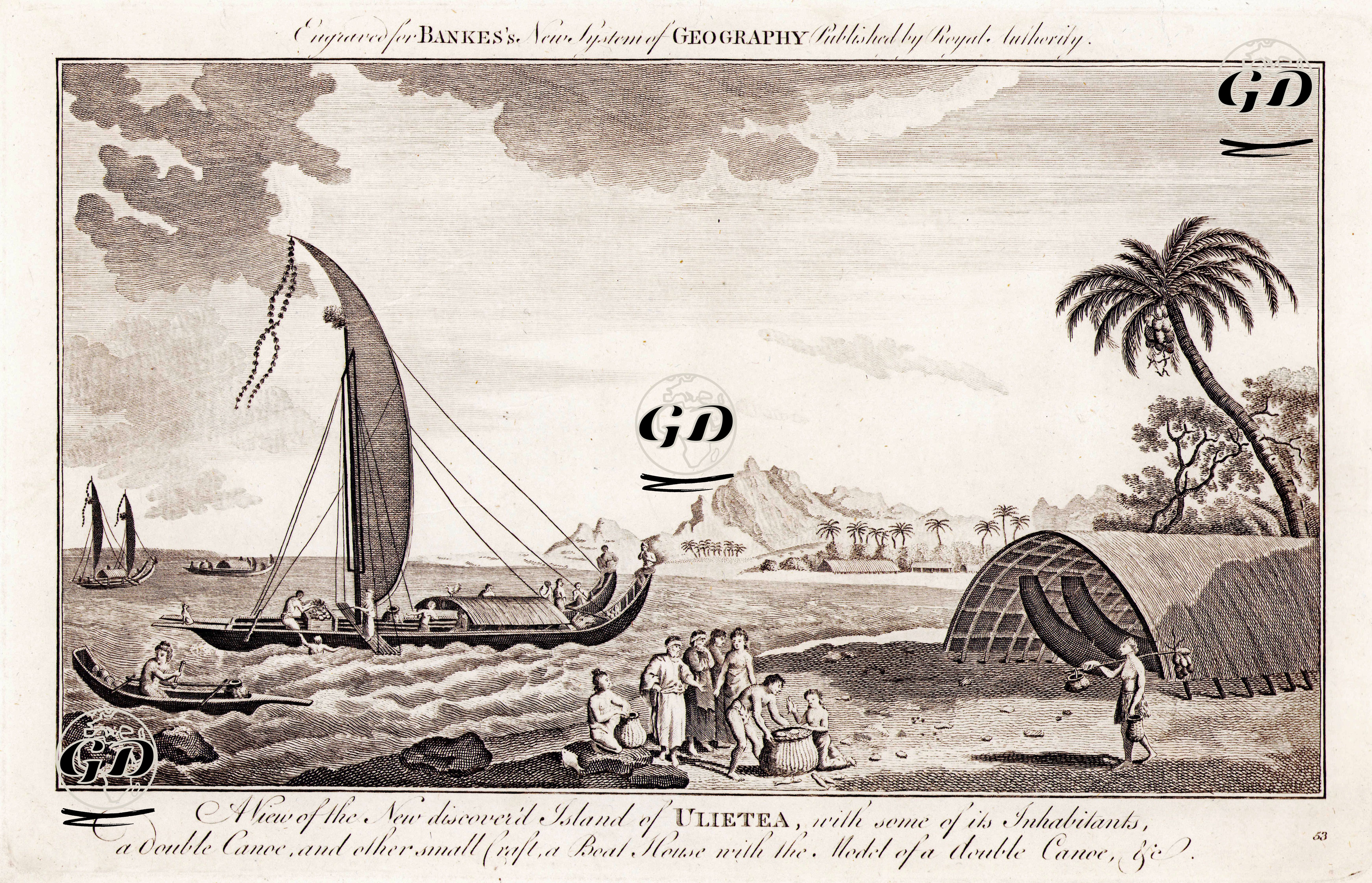 Kaptan James Cook Tarafından Keşfedilen Raiatea (Ulietea) Adasından Bir Görünüm İle Adada Yaşayanlar, Çift kanolu Tekneler Ve Diğer Küçük Tekneler -  - 1787