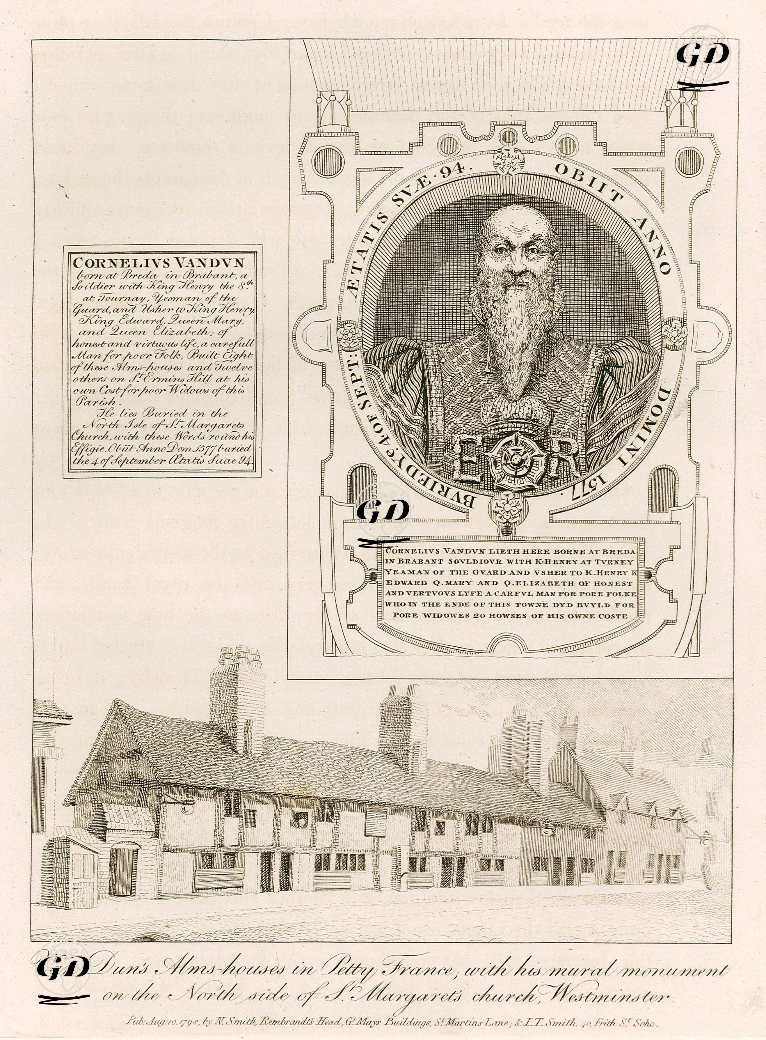 Van Dun's Alms Houses in Petty France With His Mural Monument On The North Side Of St. Margaret's Church, Westminster -  - 1798