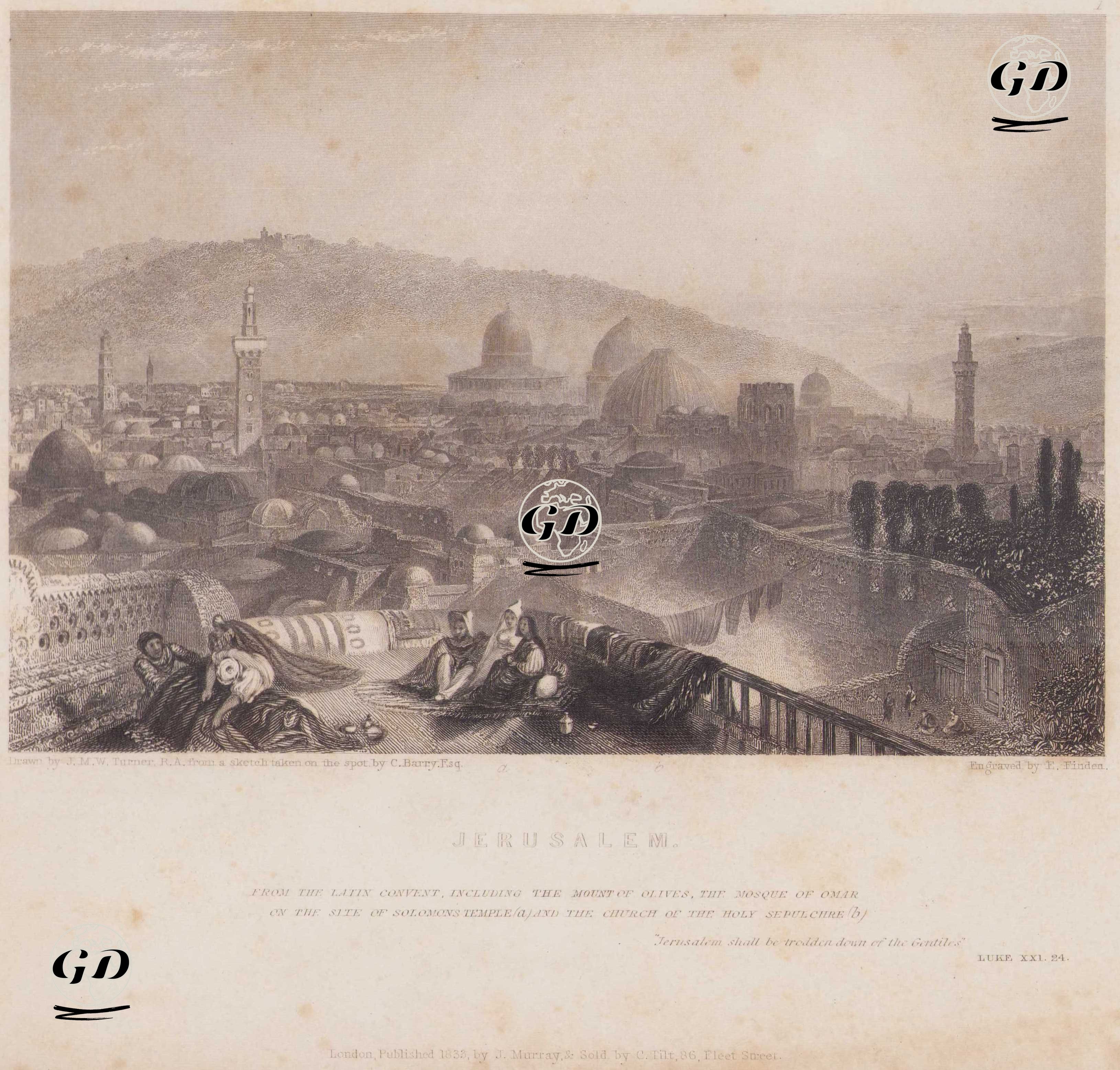 Latin Manastırından Kudüs, Zeytin Dağı, Süleyman Mabedinin Olduğu Yerde Ömer Camii (a) Ve Kutsal Kabir Kilisesi (b) - Joseph Mallord William Turner (1775-1851)-Charles Barry (1795-1860) - 1833
