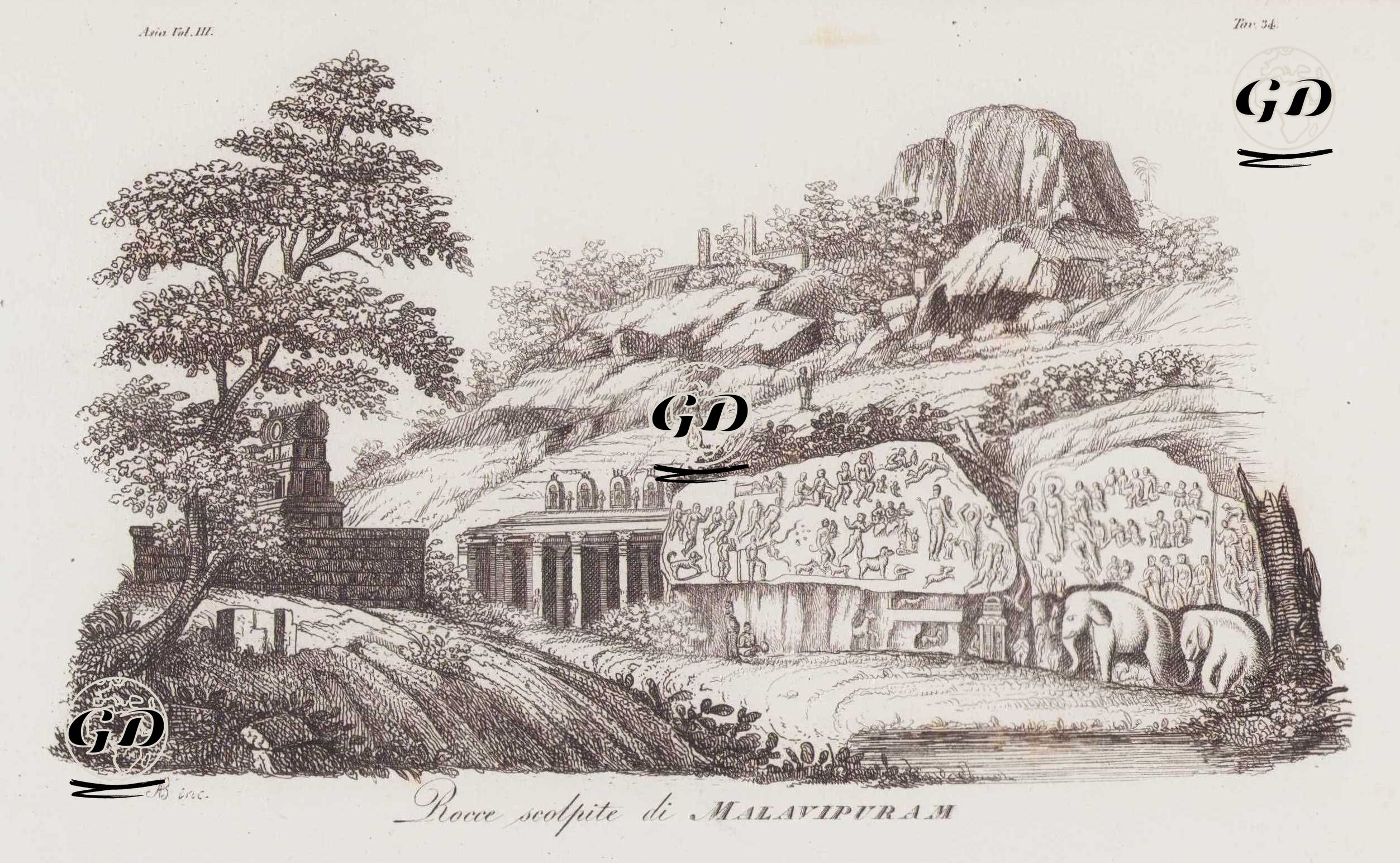 Hindistan'ın Mahabalipuram Şehrinde Kabartma Oymalarla Kaplı Antik Tapınaklar Ve Kayalar, Asya Cilt III. Resim 34. -  - 1820's-1840's
