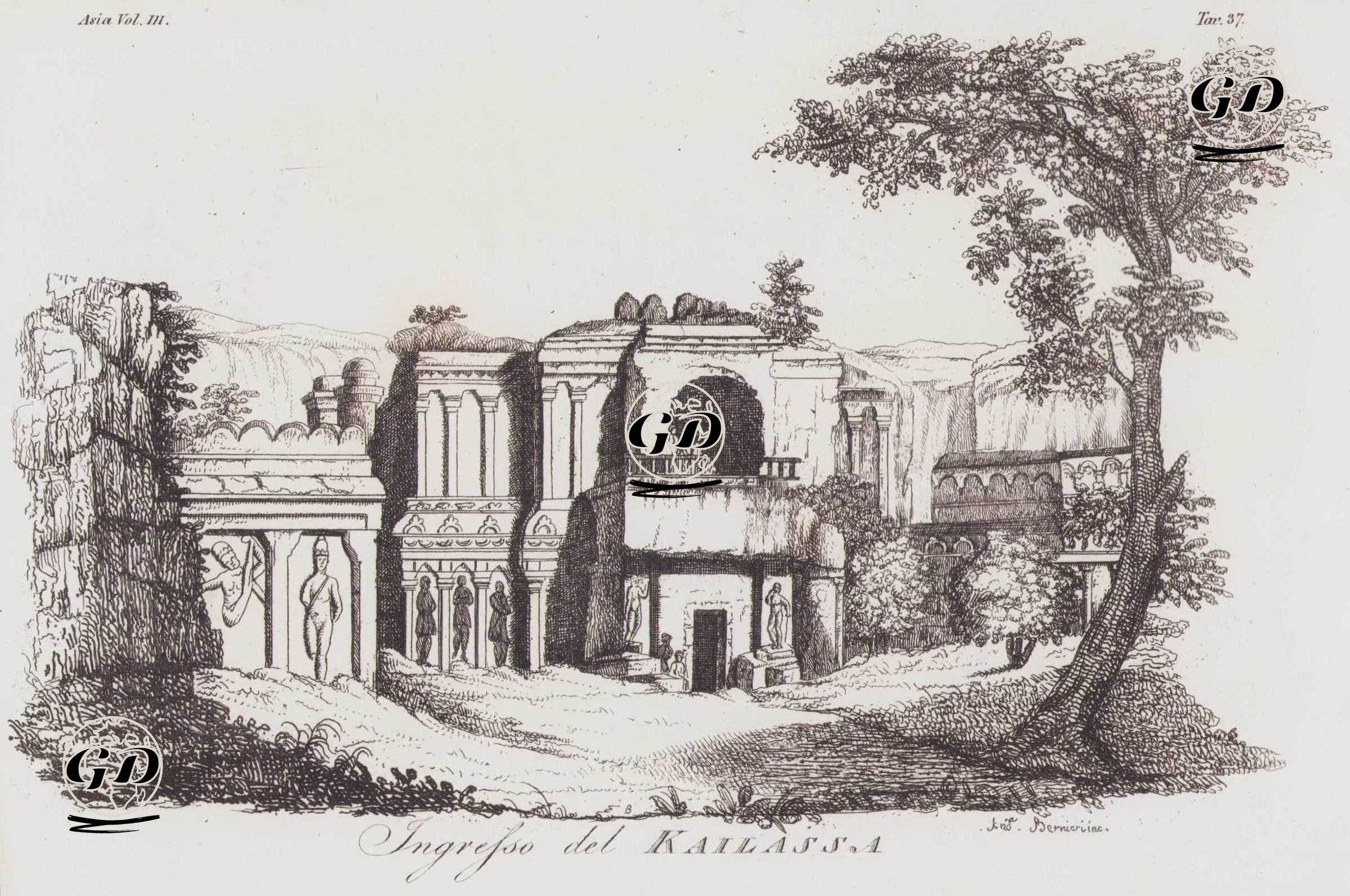 Kayaya Oyulmuş Hindu Tapınakları Ellora Mağaralarında Kailasa Tapınağının Girişi, Maharashtra, Hindistan, Asya Cilt III. Resim 37. -  - 1820's-1840's