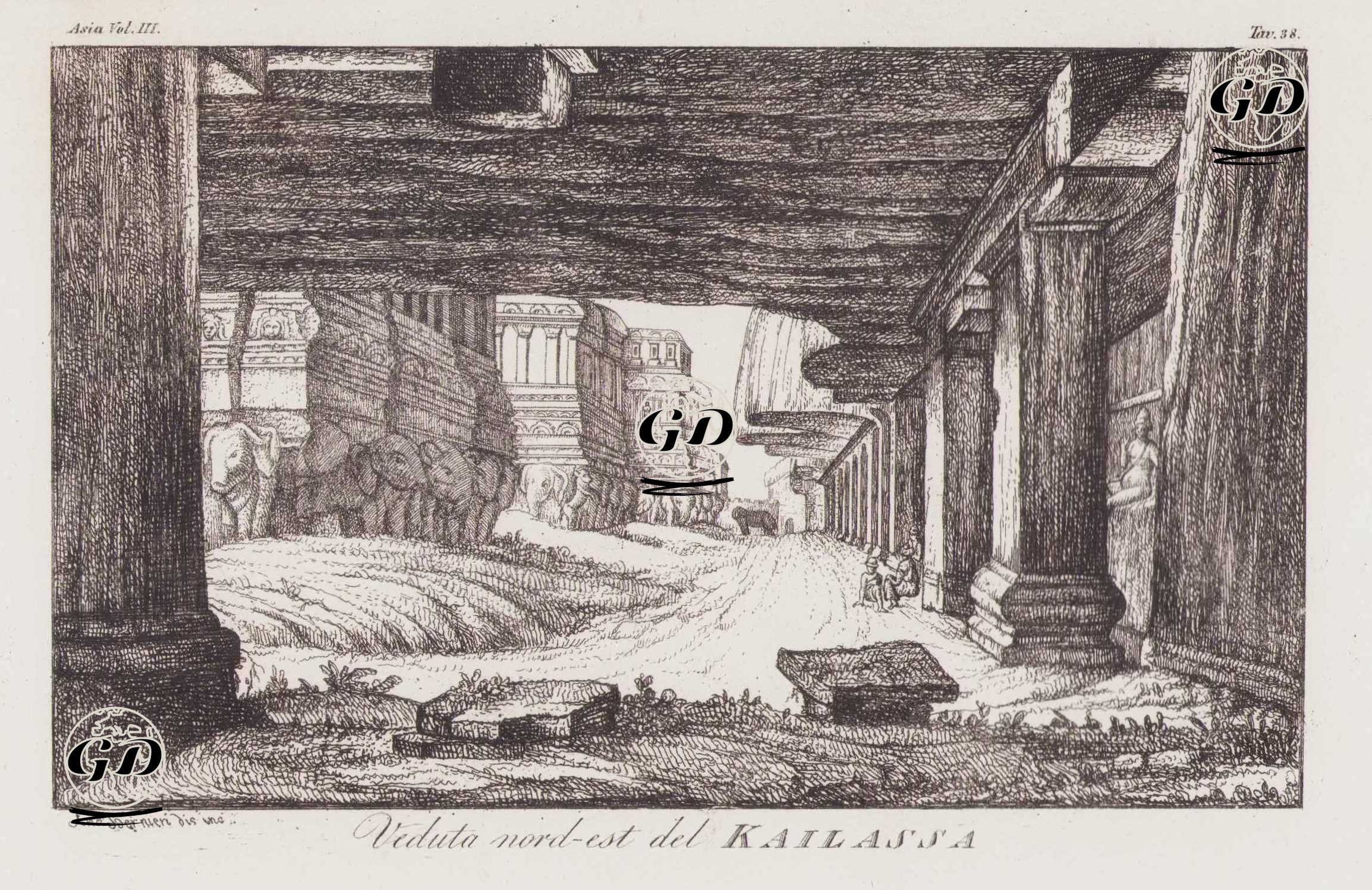 Kayaya Oyulmuş Hindu Tapınakları Ellora Mağaralarında Kailasa Tapınağının Kuzeydoğu Görünümü, Maharashtra, Hindistan, Asya Cilt III. Resim 38. -  - 1820's-1840's