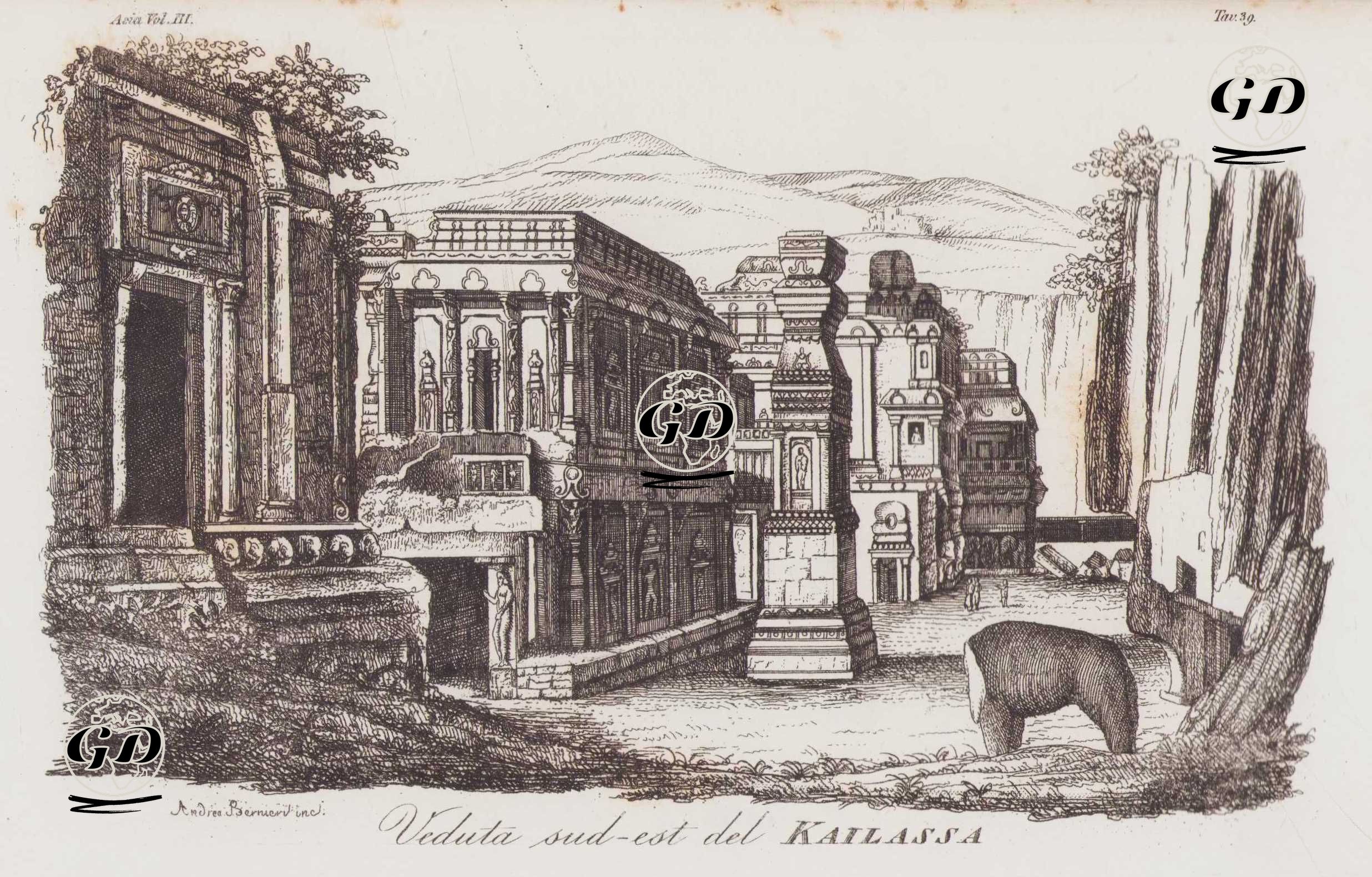 Kayaya Oyulmuş Hindu Tapınakları Ellora Mağaralarında Kailasa Tapınağının Güneydoğu Görünümü, Maharashtra, Hindistan, Asya Cilt III. Resim 39. -  - 1820's-1840's