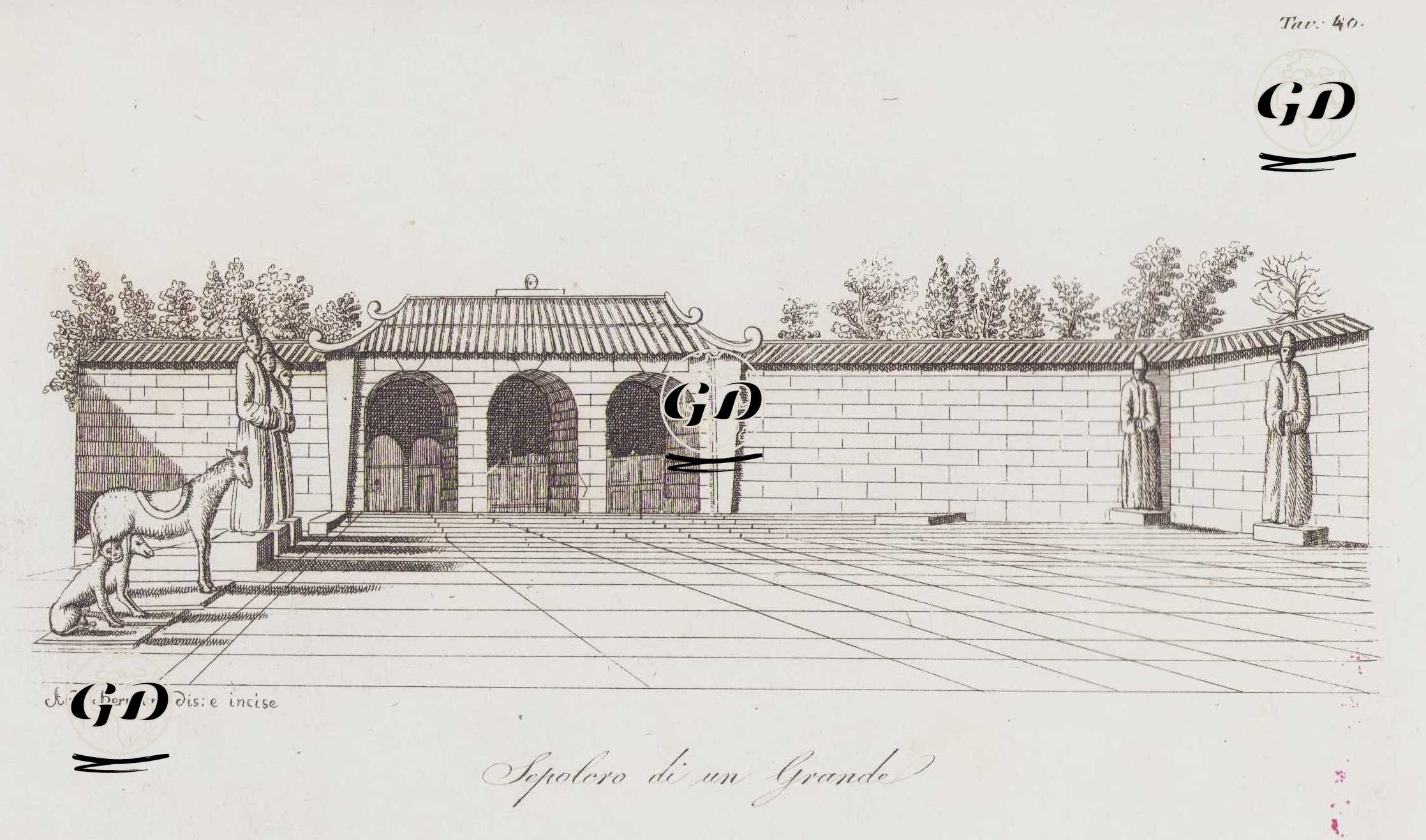 Sepolero di un Grande, Tav.40. (The Tomb of a Chinese Nobleman with Statues in a Large Courtyard in China) -  - 1820's-1840's