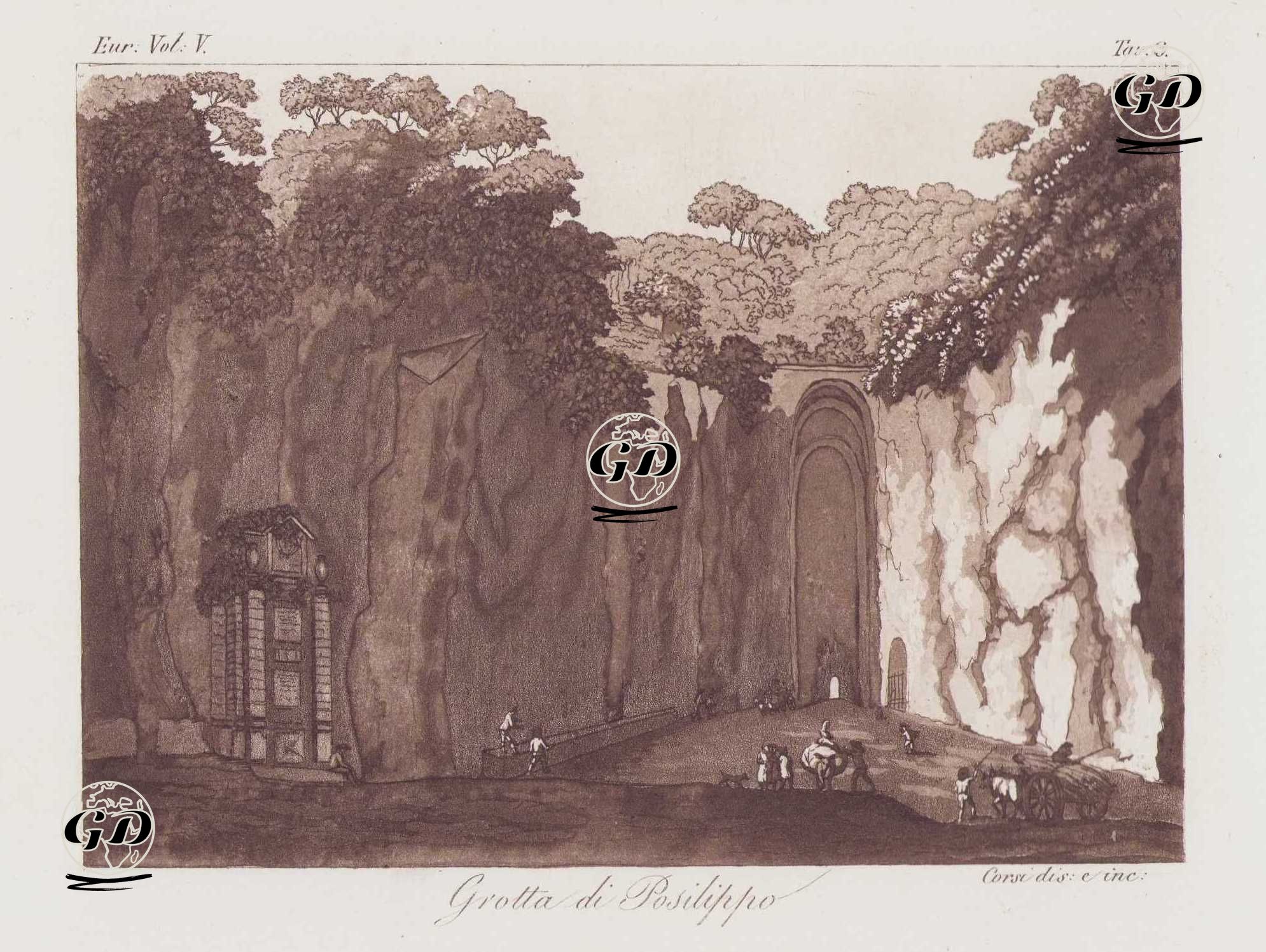 Grotta Di Posilippo, Eur. Vol. V. Tav.3. (View of the Neapolitan Crypt or Crypta Neapolitana, Ancient Roman Road Tunnel Linking Naples to Pozzuoli on the Via Domitiana, Italy. Grotta di Posillipo.) -  - 1820's-1840's
