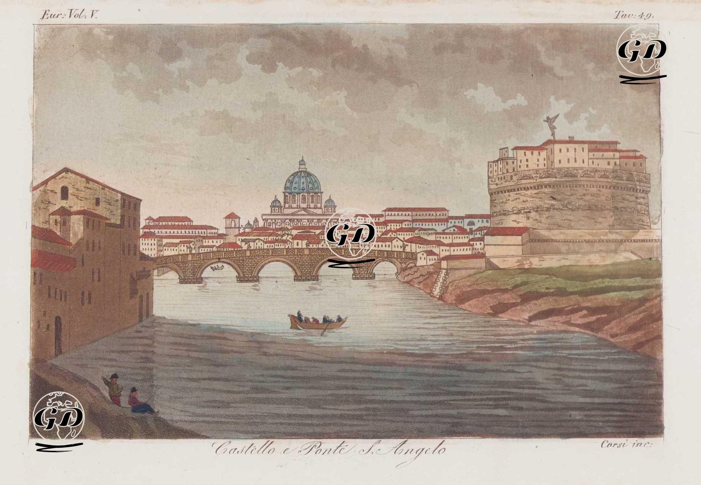 Tiber Nehri Üzerindeki Kutsal Melek(Sant Angelo) Kalesi Ve Hadrian(Sant Angelo) Köprüsü, Roma, Avrupa. Cilt V. Resim 49. -  - 1820's-1840's