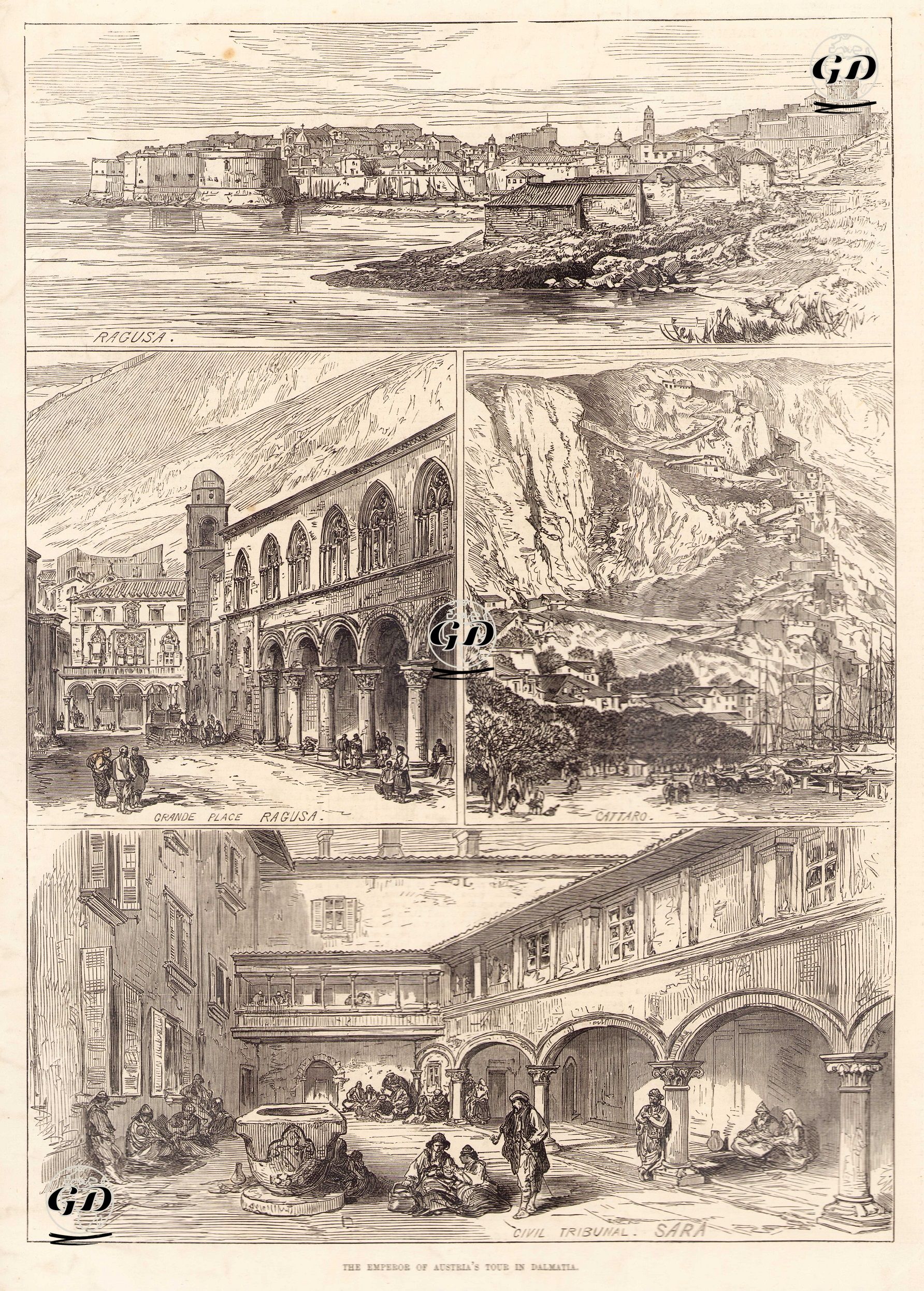 Ragusa (Dubrovnik)- Sponza Sarayı, Ragusa (Dubrovnik)-Cattaro (Kotor)-Sivil Mahkeme Avlusu, Sara (Zadar) -  - 1875