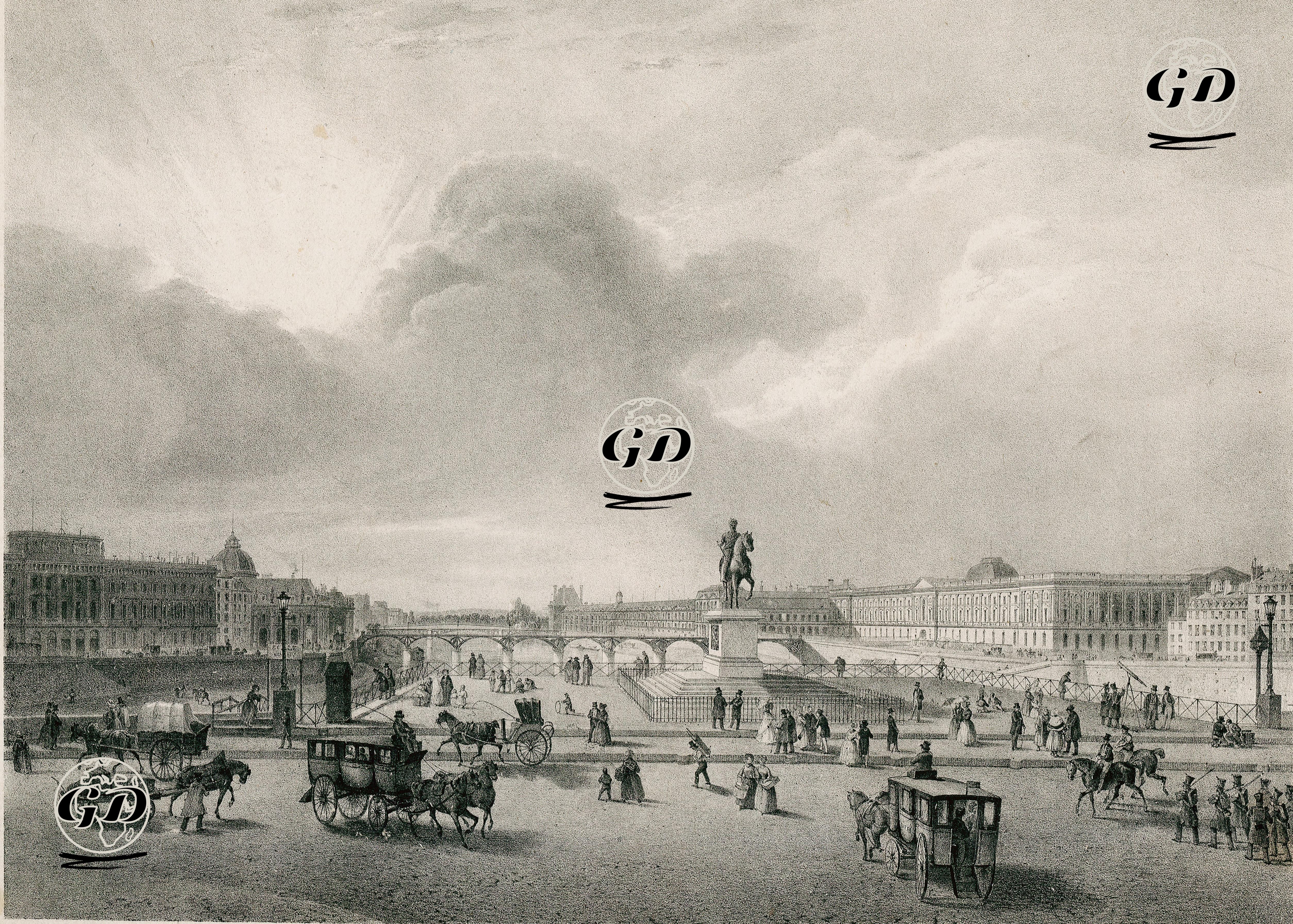 Ile de la Cite Adasından Louvre Müzesinin Genel Görünümü ve Fransa Kralı IV.Henry Heykeli - Louis Jules Arnout (1814-1868) - 1840
