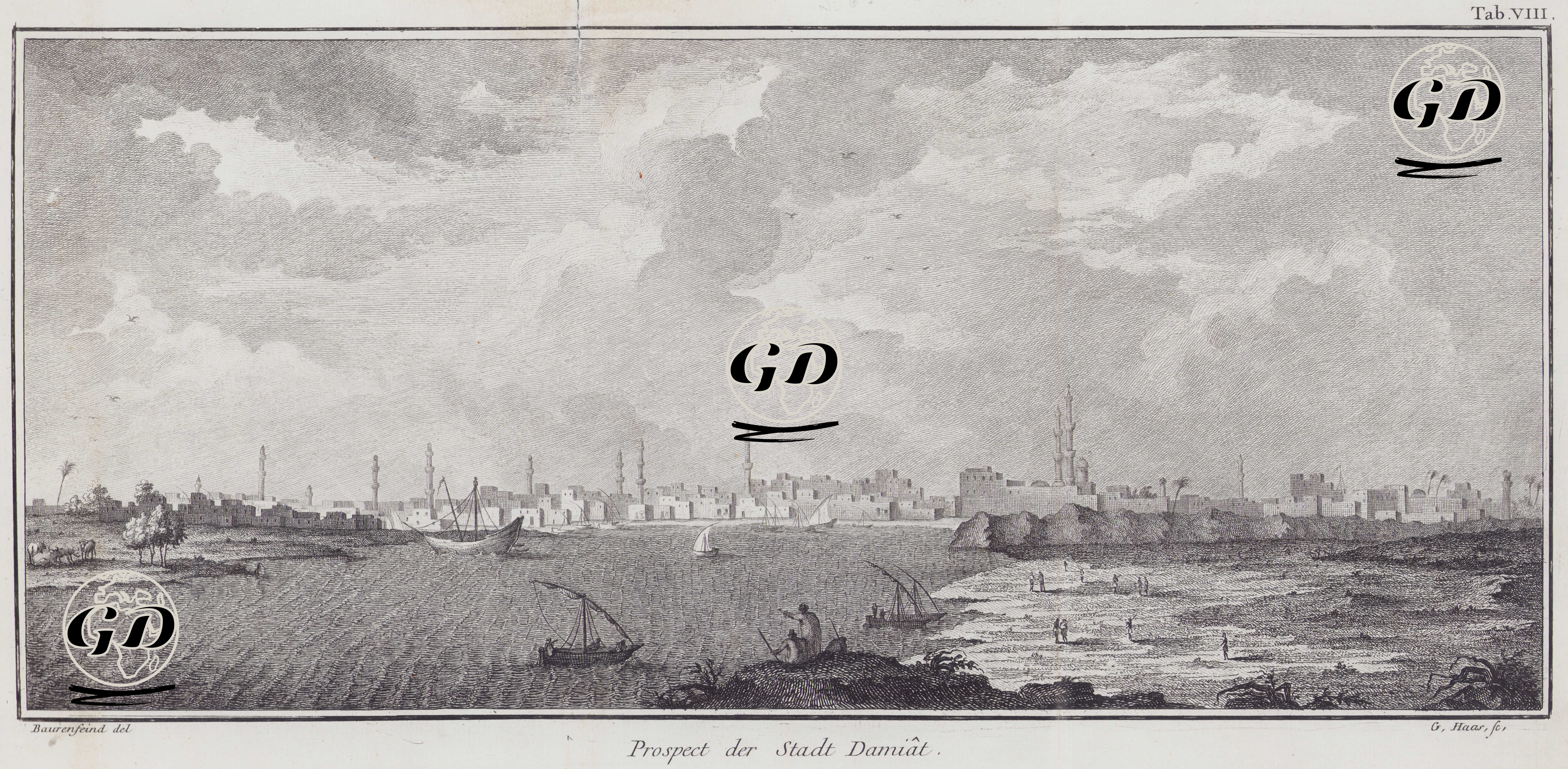 Osmanlı İmparatotluğu Döneminde Dimyat Şehrinin Görünüşü, Mısır (Plate VIII) - Georg Vilhelm Baurenfeind (1728-1763) - 1774