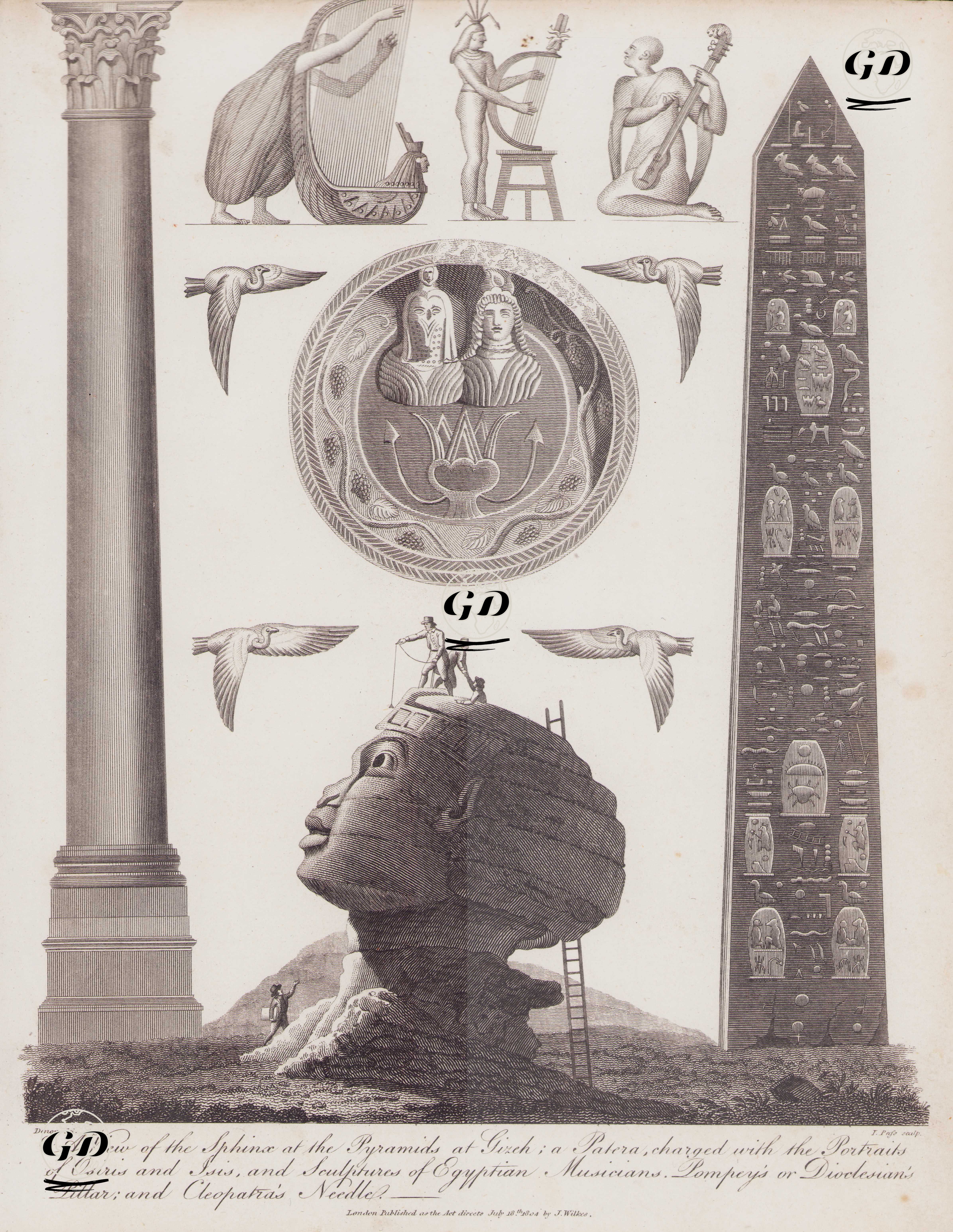 A View of the Sphinx at the Pyramids at Gizeh, a Patera, Charged with the Portraits of Osiris and Isis, and Sculptures of Egyptian Musicians, Pompey's or Dioclesian's Pillar, and Cleopatra's 
Needle - Dominique Vivant Denon (1747-1825) - 1804