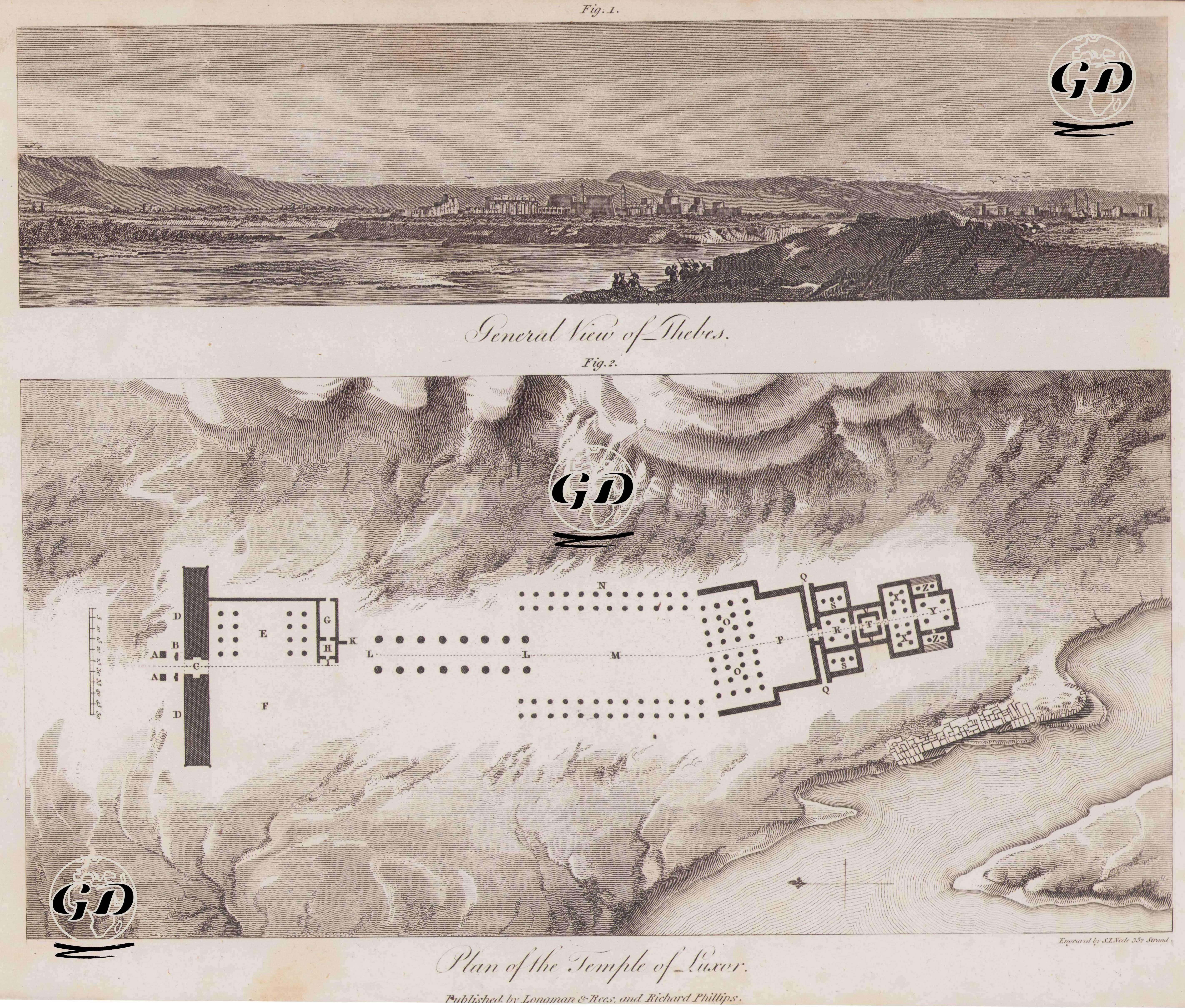 Thebai (Teb) Genel Görünümü ve Luksor Tapınağı Planı -  - 1820's